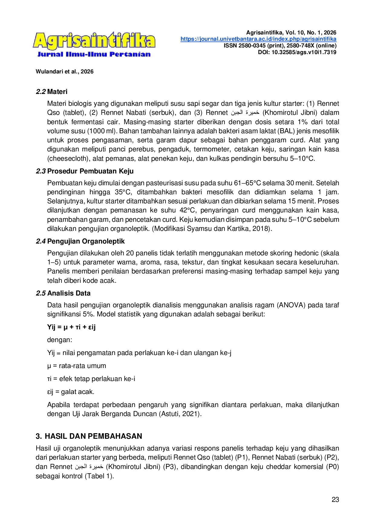 JURIS Evaluasi Dampak Diferensiasi Kultur Starter Terhadap Profil Sensorik Keju