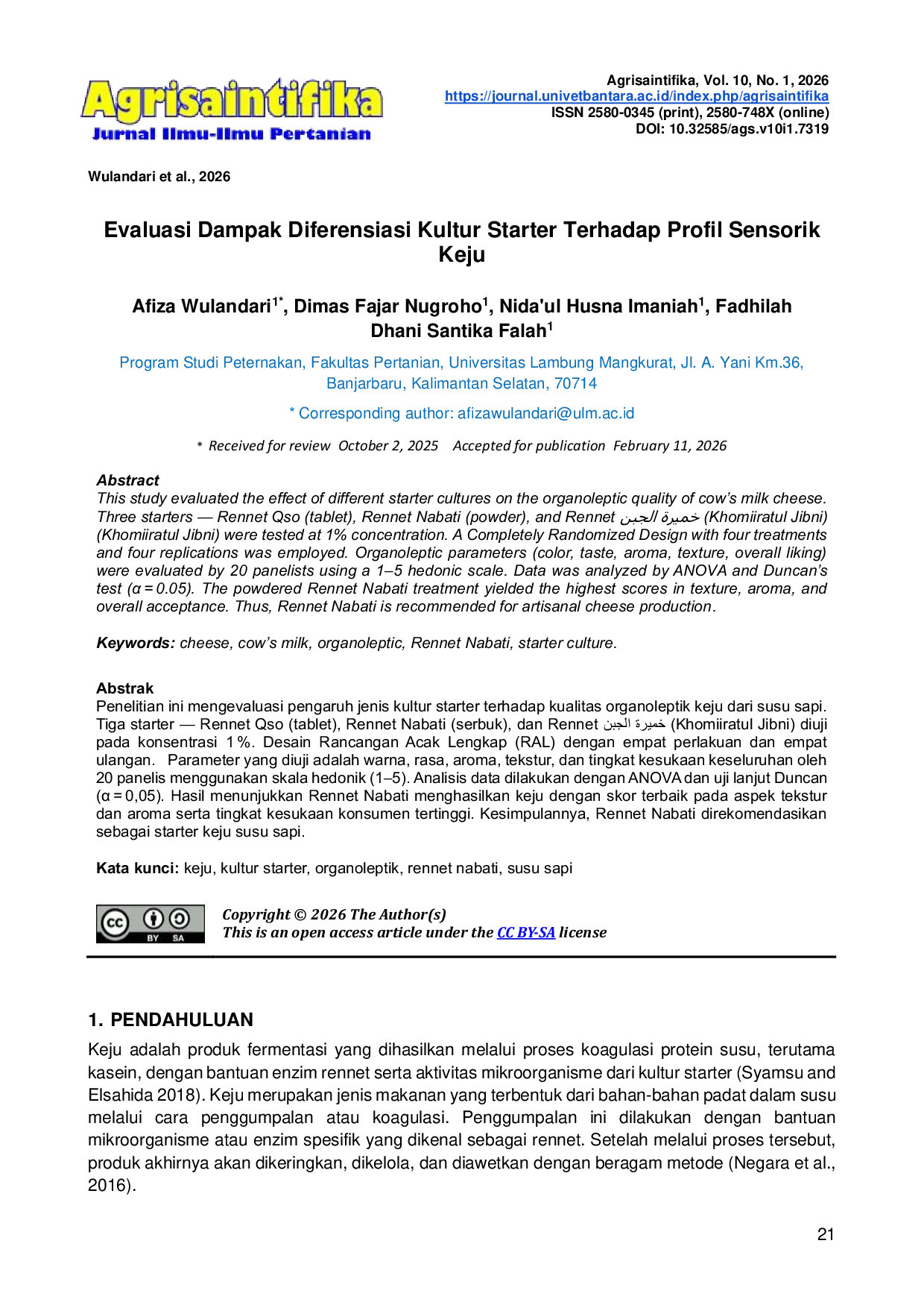 JURIS Evaluasi Dampak Diferensiasi Kultur Starter Terhadap Profil Sensorik Keju