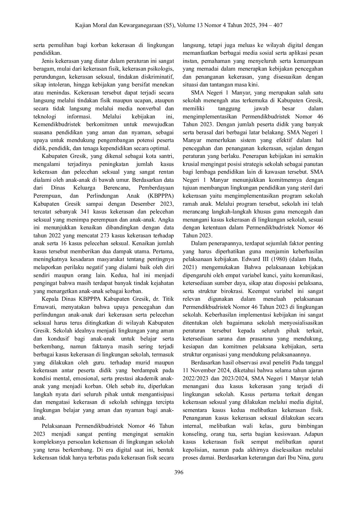 JURIS Implementasi Permendikbud No 46 Tahun 2023 Dalam Pencegahan Dan Penanganan Kekerasan Di SMA N 1 Manyar