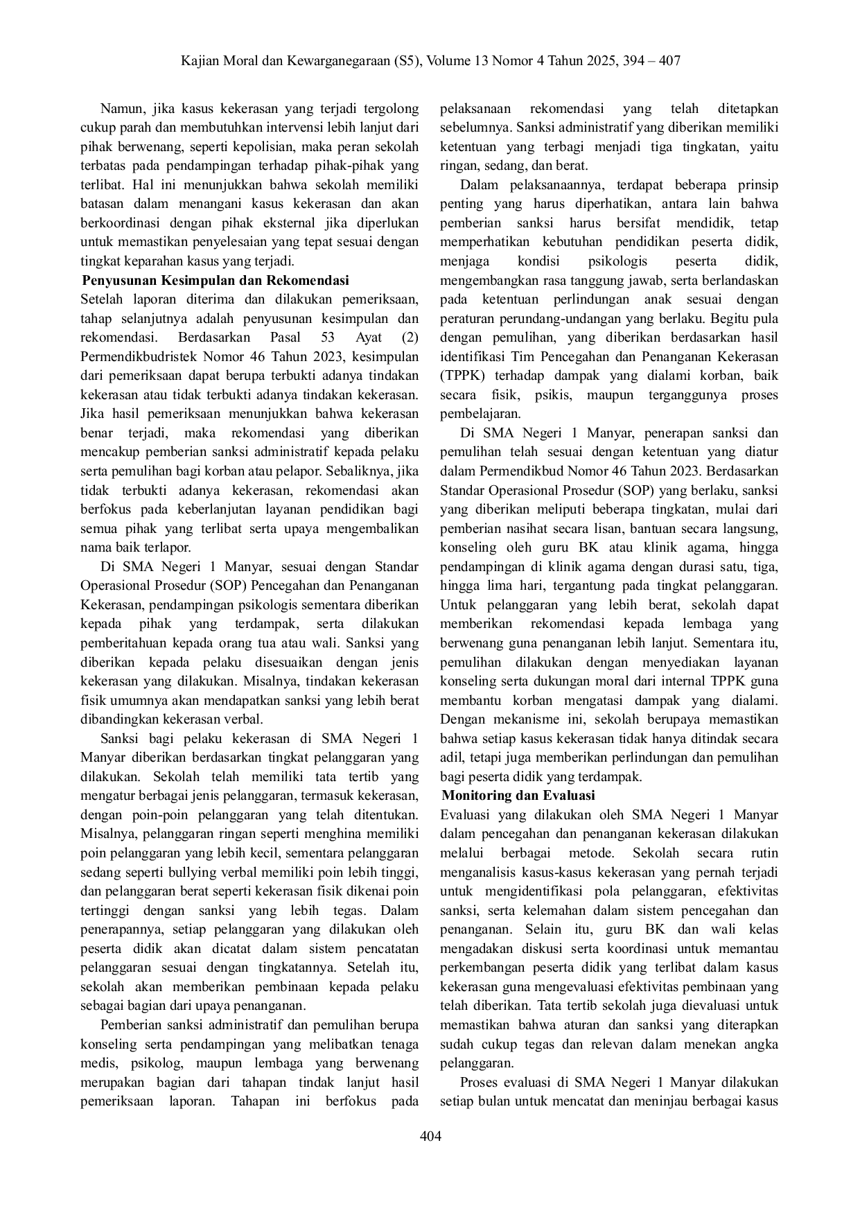 JURIS Implementasi Permendikbud No 46 Tahun 2023 Dalam Pencegahan Dan Penanganan Kekerasan Di SMA N 1 Manyar