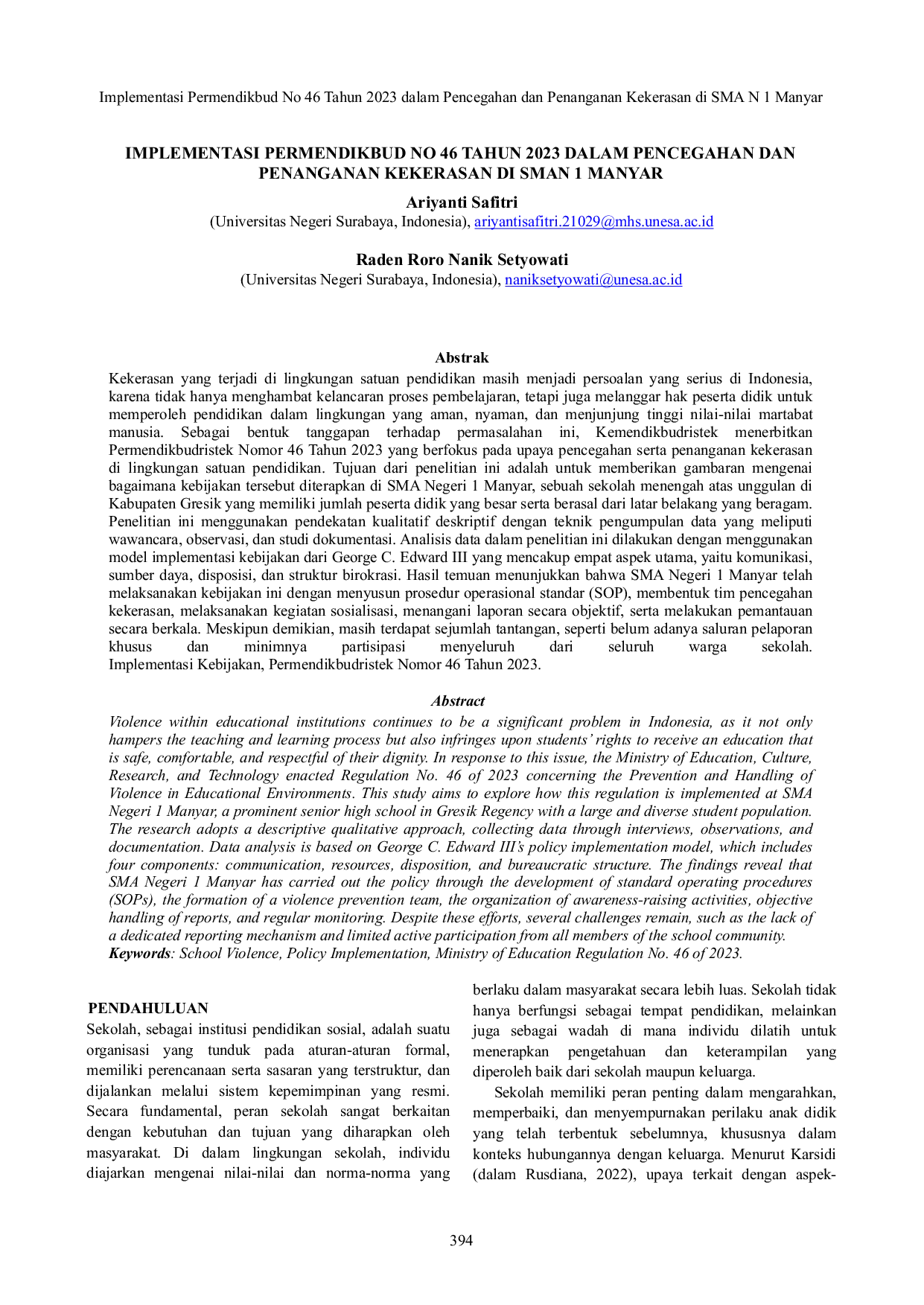 JURIS Implementasi Permendikbud No 46 Tahun 2023 Dalam Pencegahan Dan Penanganan Kekerasan Di SMA N 1 Manyar
