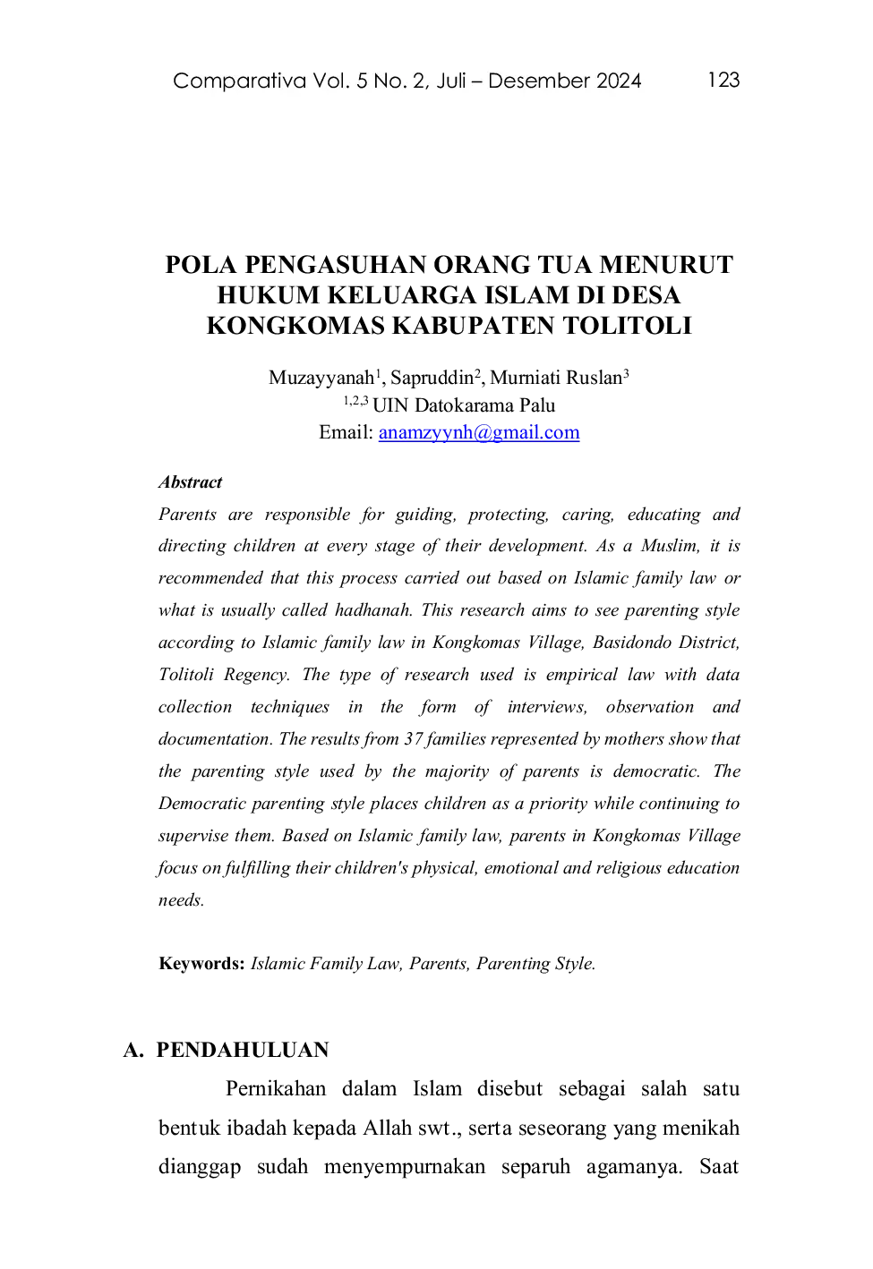 JURIS Pola Pengasuhan Orang Tua Menurut Hukum Keluarga Islam Di Desa Kongkomas Kabupaten Tolitoli