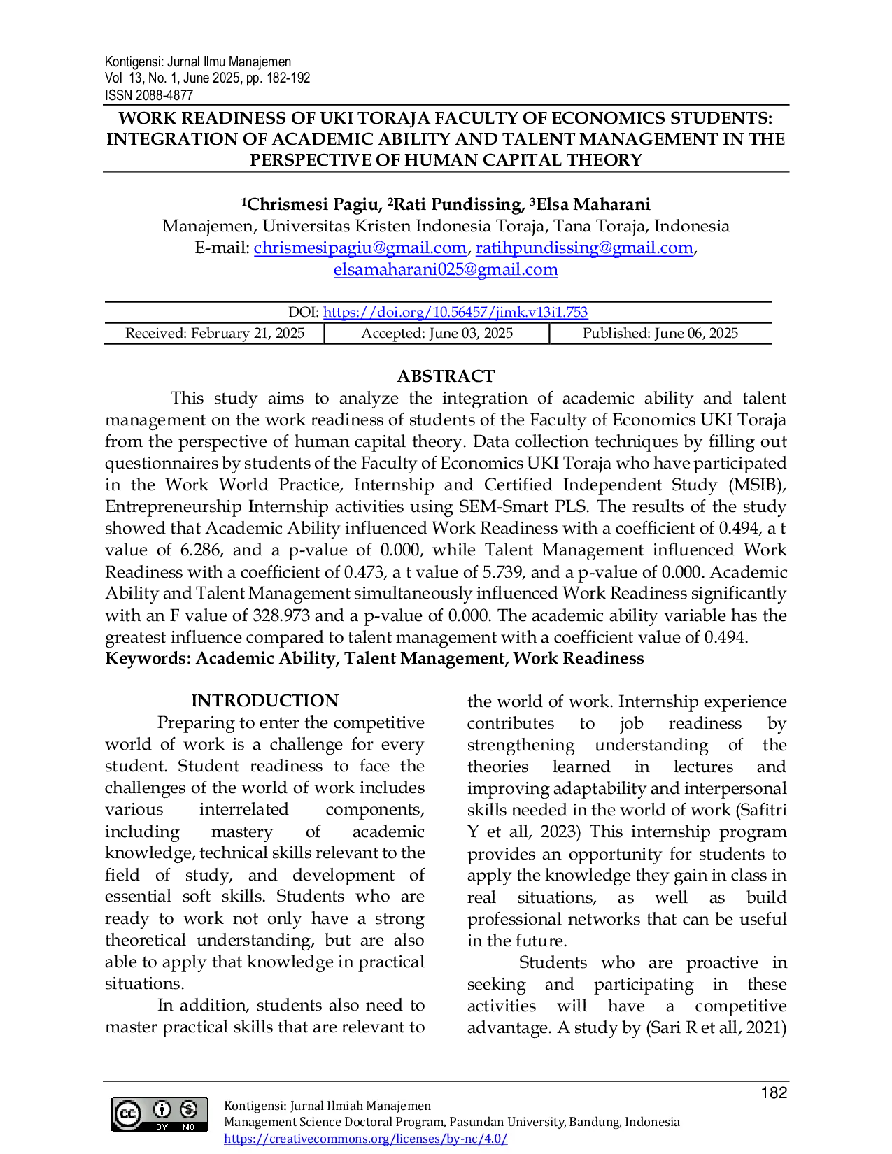JURIS Work Readiness of UKI Toraja Faculty of Economics Students Integration of Academic Ability and Talent Management In the Perspective of Human Capital Theory