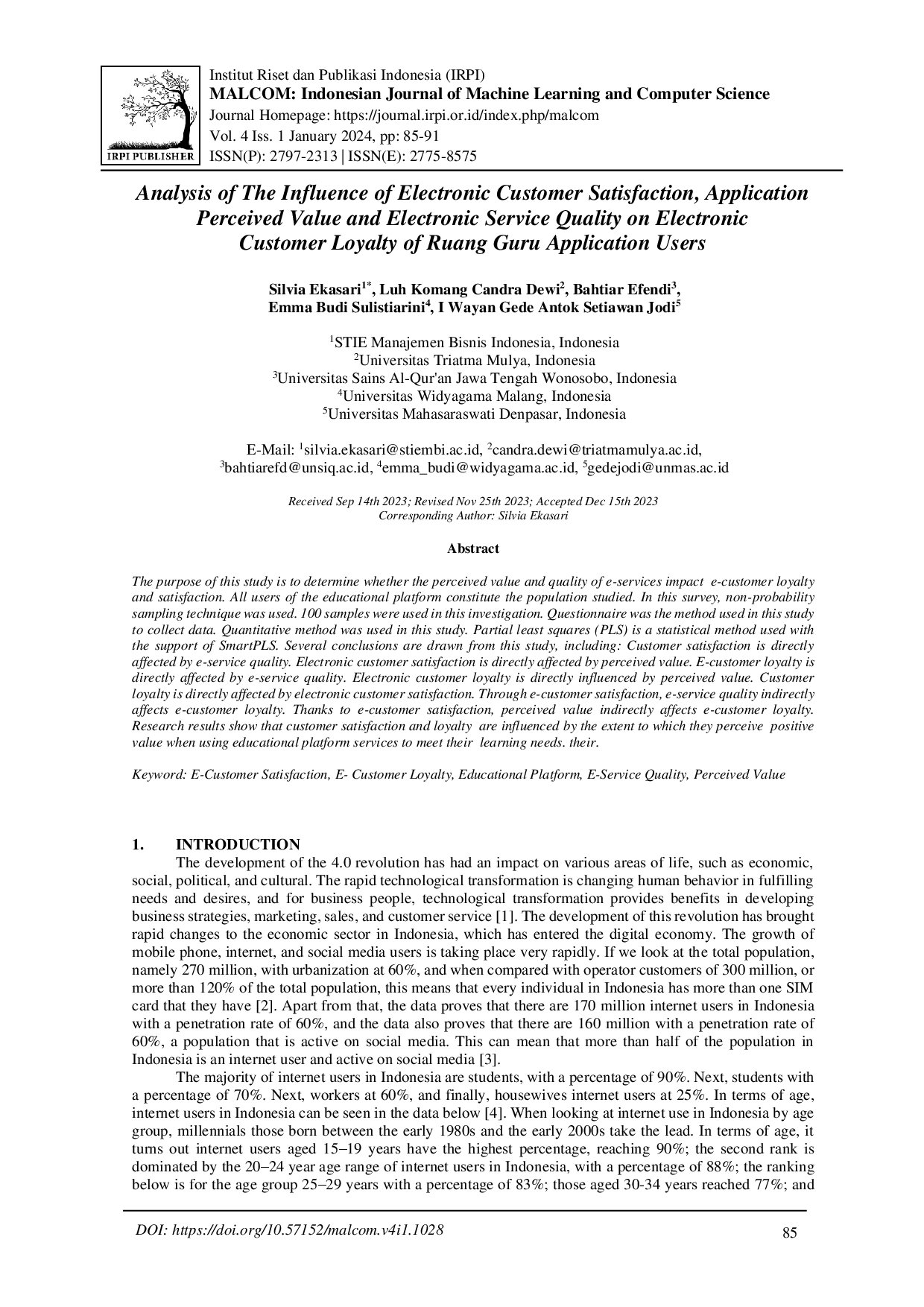 juris Analysis of The Influence of Electronic Customer Satisfaction Application Perceived Value and Electronic Service Quality on Electronic Customer Loyalty of Ruang Guru Application Users