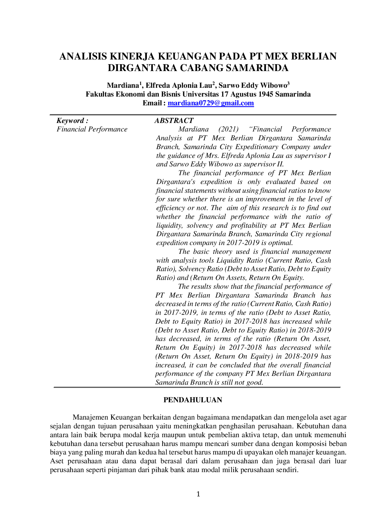 JURIS Analisis Kinerja Keuangan Pada Pt Mex Berlian Dirgantara Cabang Samarinda