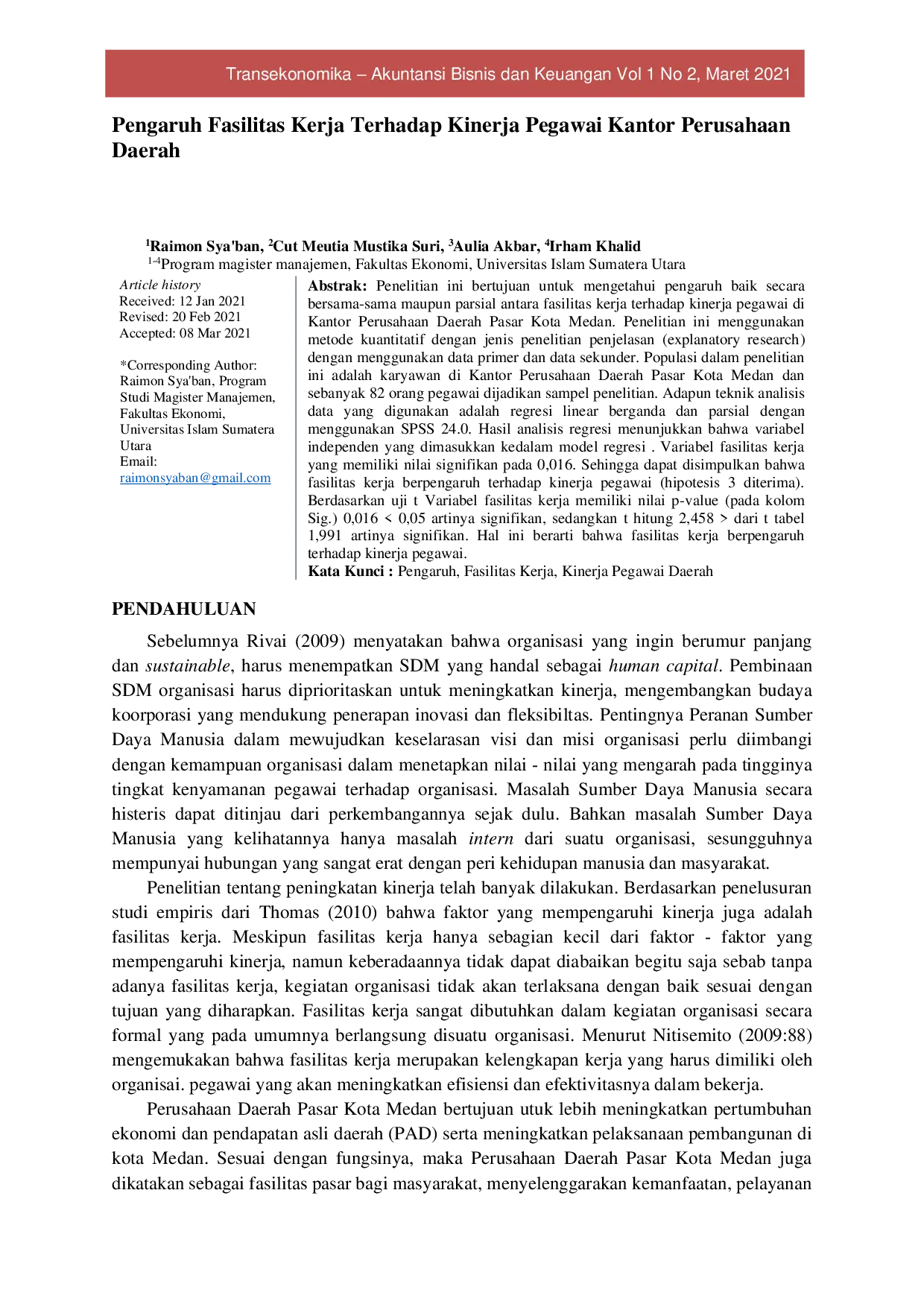 JURIS Pengaruh Fasilitas Kerja Terhadap Kinerja Pegawai Kantor Perusahaan Daerah