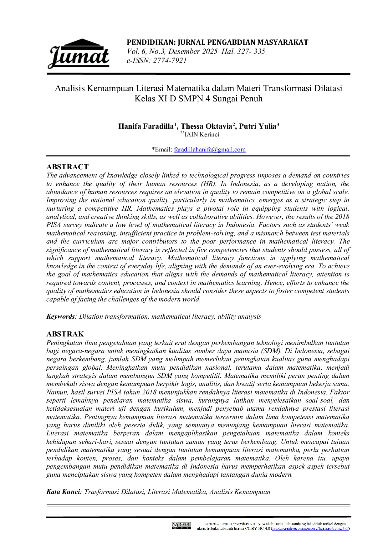 JURIS Analisis Kemampuan Literasi Matematika dalam Materi Transformasi Dilatasi Kelas XI D SMPN 4 Sungai Penuh