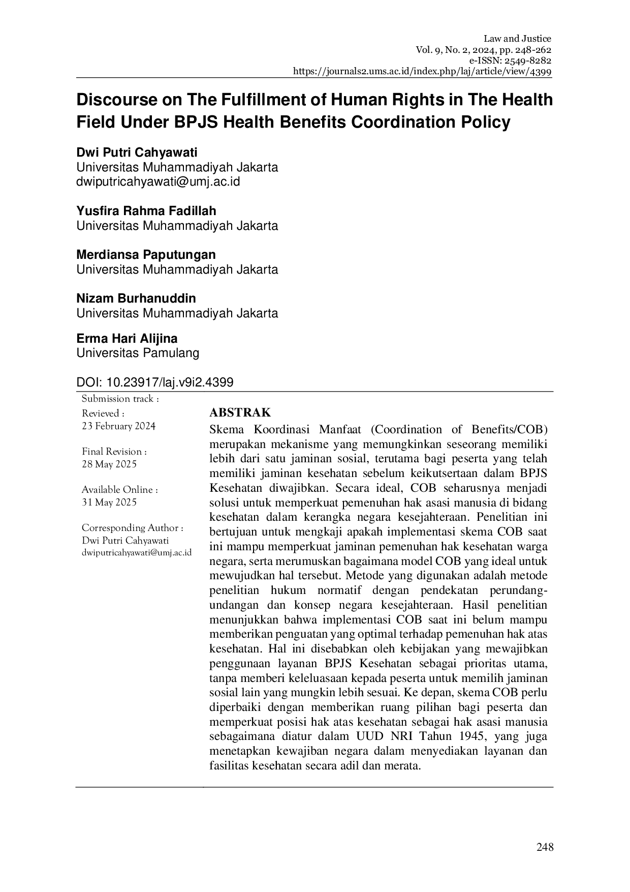 JURIS Discourse on The Fulfillment of Human Rights in The Health Field Under BPJS Health Benefits Coordination Policy