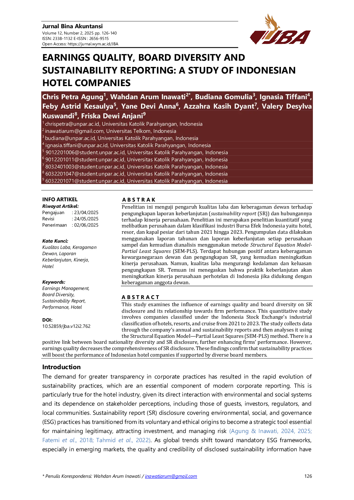 JURIS Earnings Quality Board Diversity and Sustainability Reporting A Study of Indonesian Hotel Companies