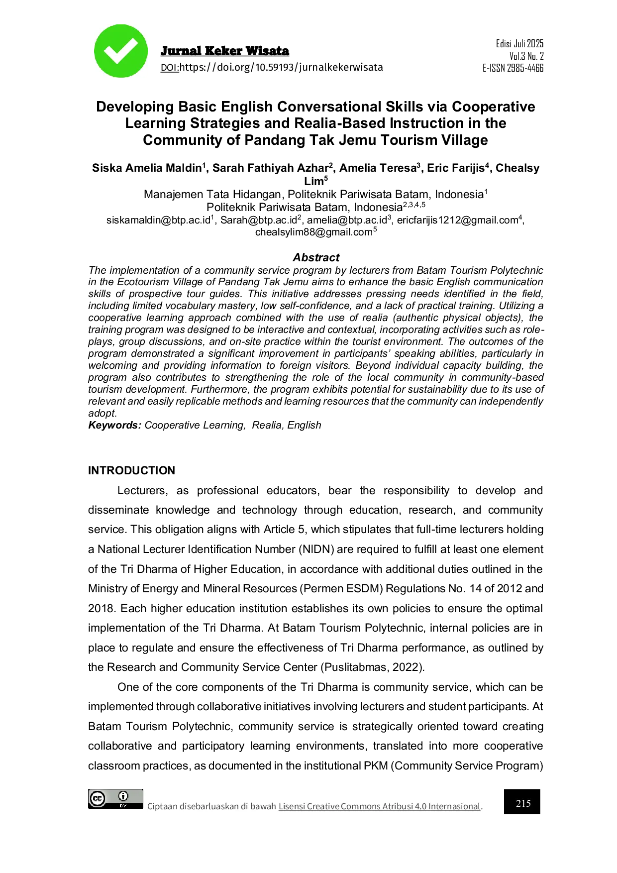JURIS Developing Basic English Conversational Skills via Cooperative Learning Strategies and Realia Based Instruction in the Community of Pandang Tak Jemu Tourism Village