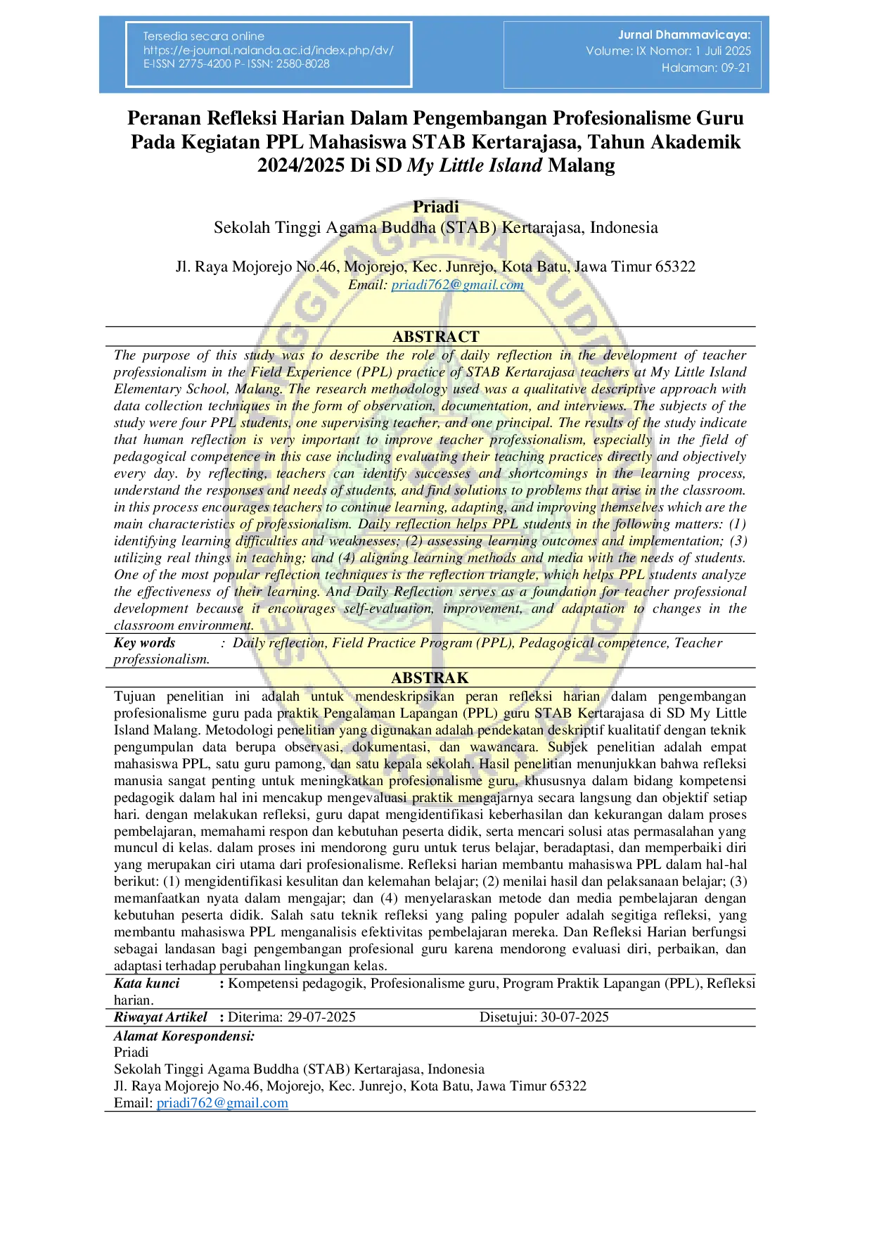 JURIS Peranan Refleksi Harian dalam Pengembangan Profesionalisme Guru pada Kegiatan PPL Mahasiswa STAB Kertarajasa Tahun Akademik 2024 2025 di SD My Little Island Malang