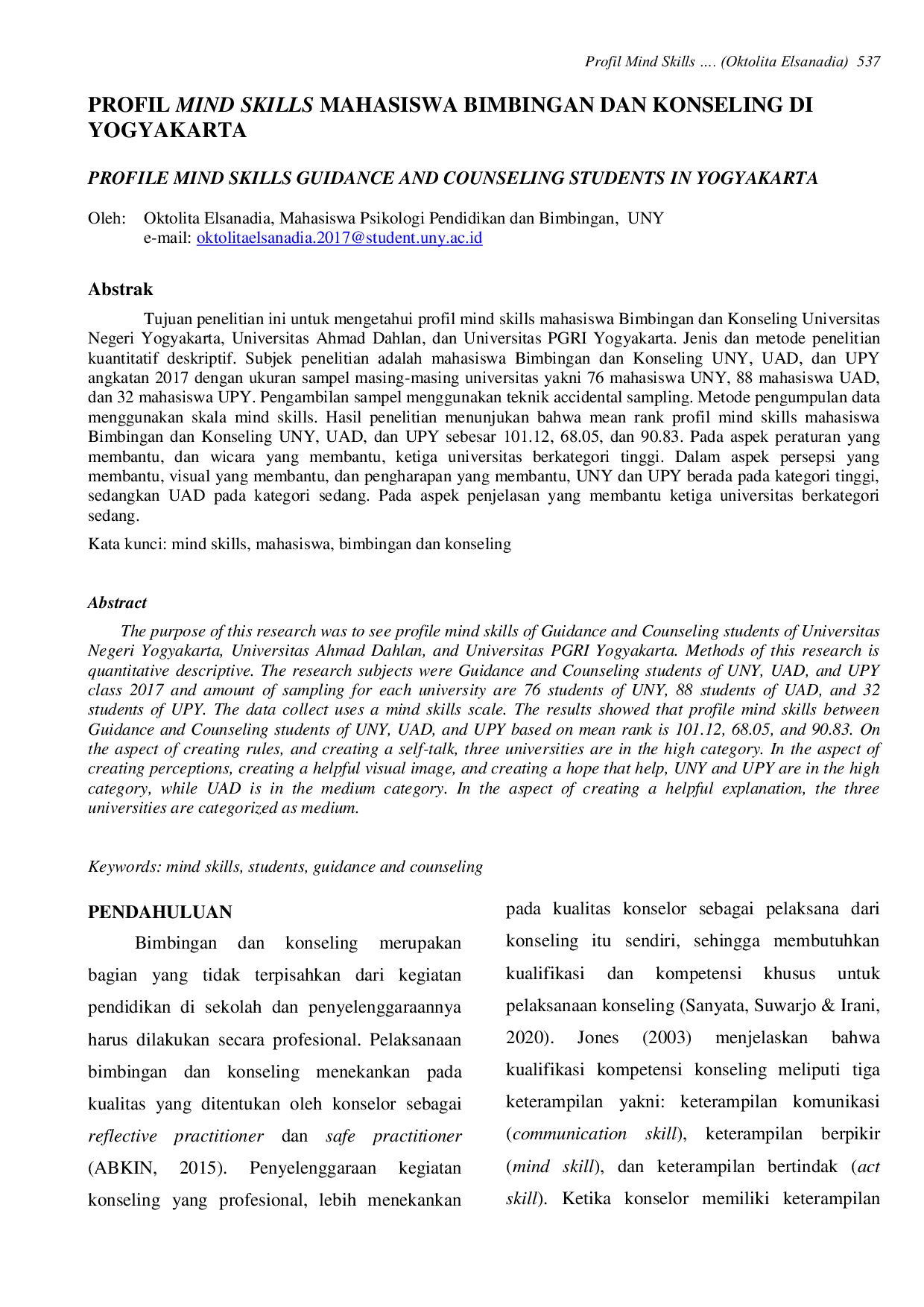 JURIS Profil Mind Skills Mahasiswa Bimbingan dan Konseling di Yogyakarta
