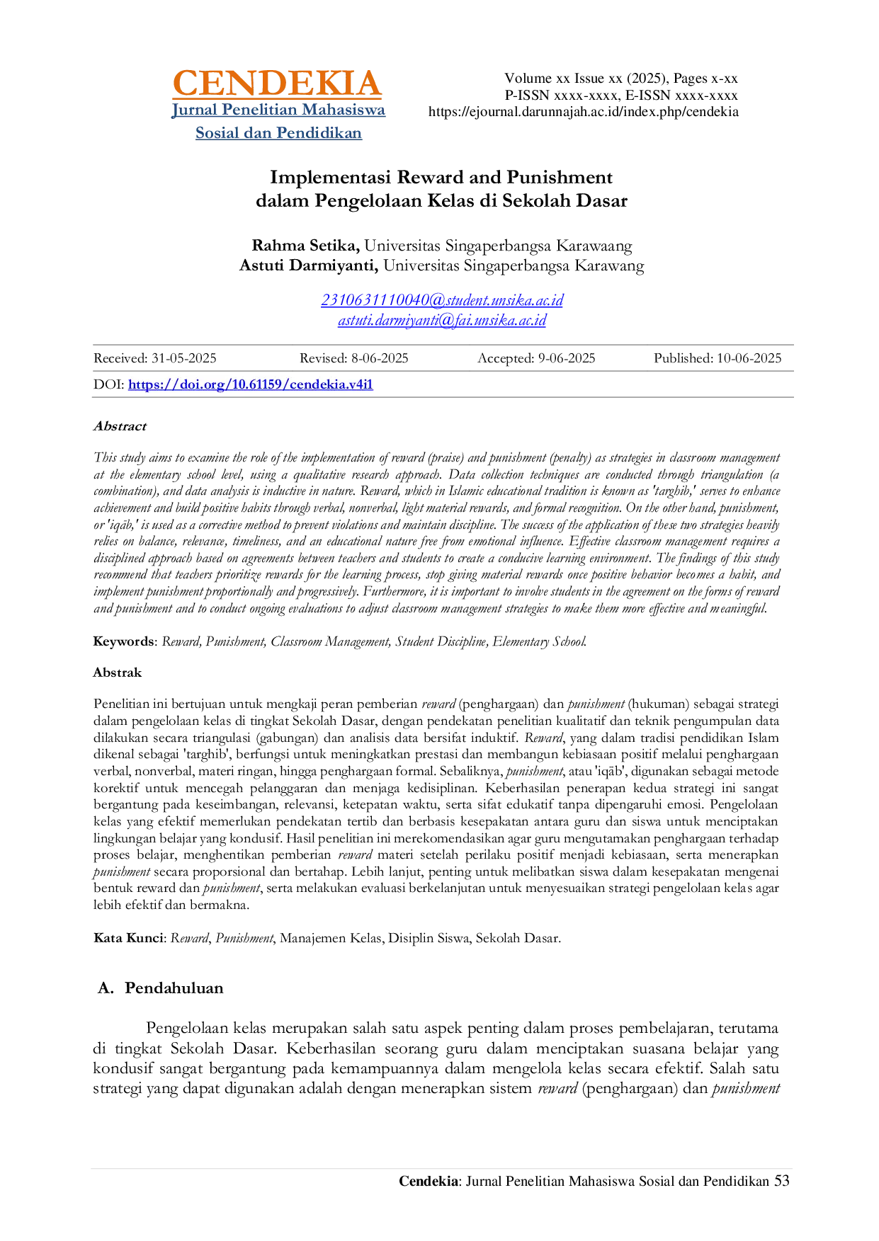 JURIS Implementasi Reward Dan Punishment Dalam Pengelolaan Kelas Di Sekolah Dasar