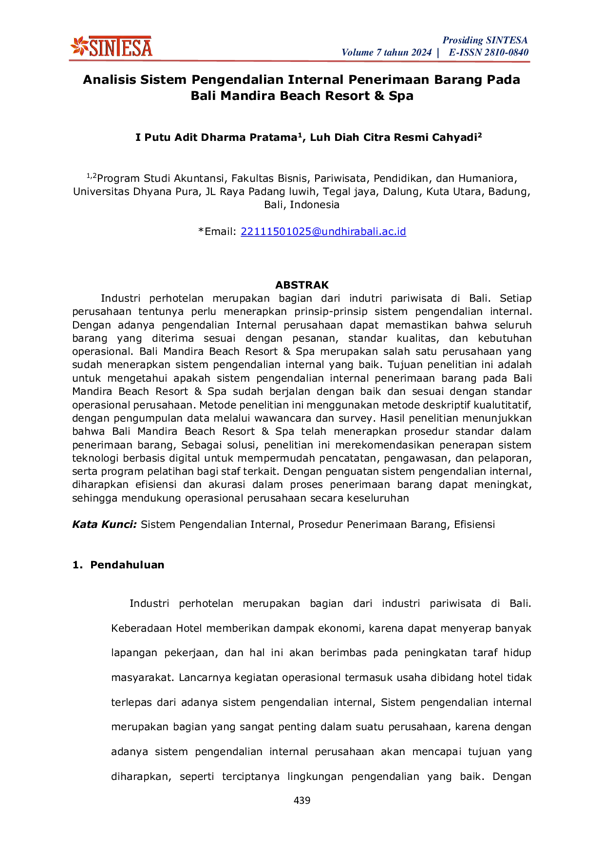 JURIS Analisis Sistem Pengendalian Internal Penerimaan Barang Pada Bali Mandira Beach Resort Spa