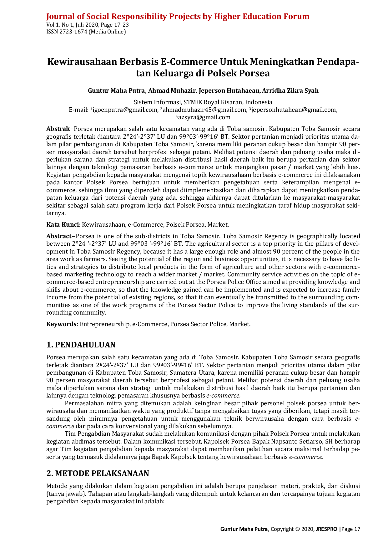 JURIS Kewirausahaan Berbasis E Commerce Untuk Meningkatkan Pendapatan Keluarga di Polsek Porsea