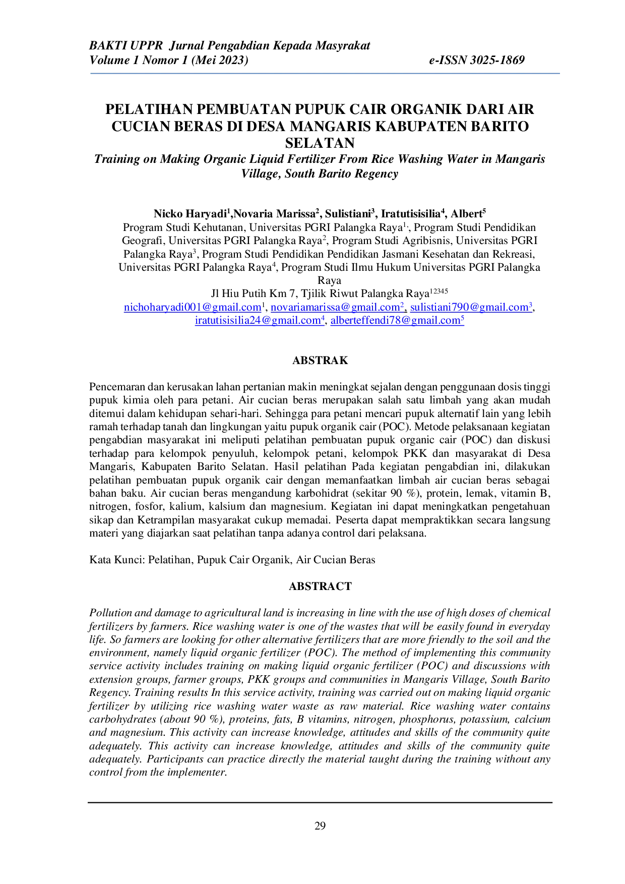 JURIS Pelatihan Pembuatan Pupuk Cair Organik dari Air Cucian Beras di Desa Mangaris Kabupaten Barito Selatan
