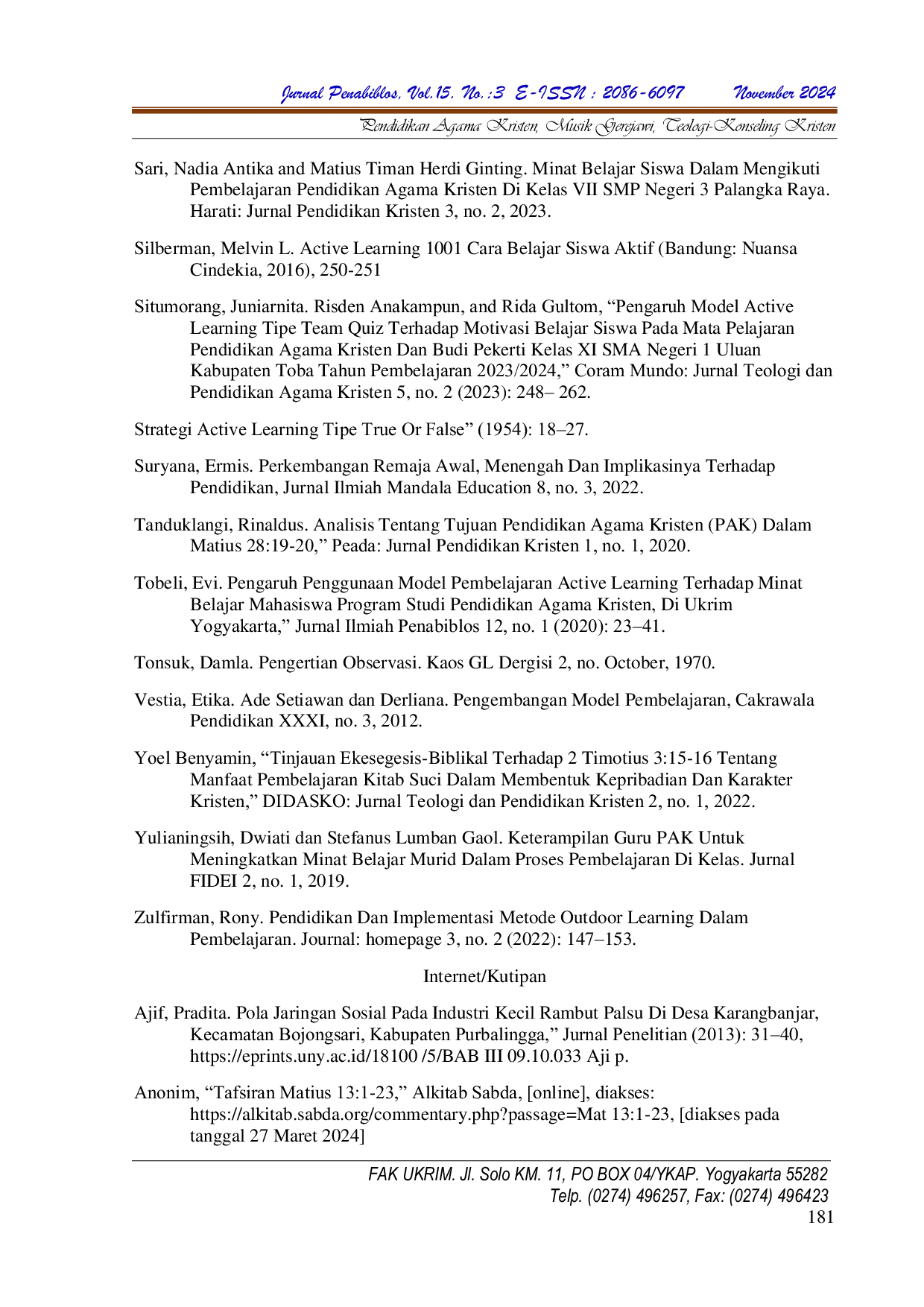 JURIS Analisis Model Pembelajaran Active Learning dan Implikasinya dalam Pembelajaran PAK untuk Peserta Didik Usia 13 16 Tahun