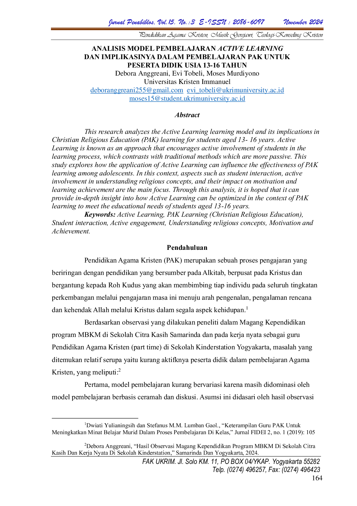 JURIS Analisis Model Pembelajaran Active Learning dan Implikasinya dalam Pembelajaran PAK untuk Peserta Didik Usia 13 16 Tahun