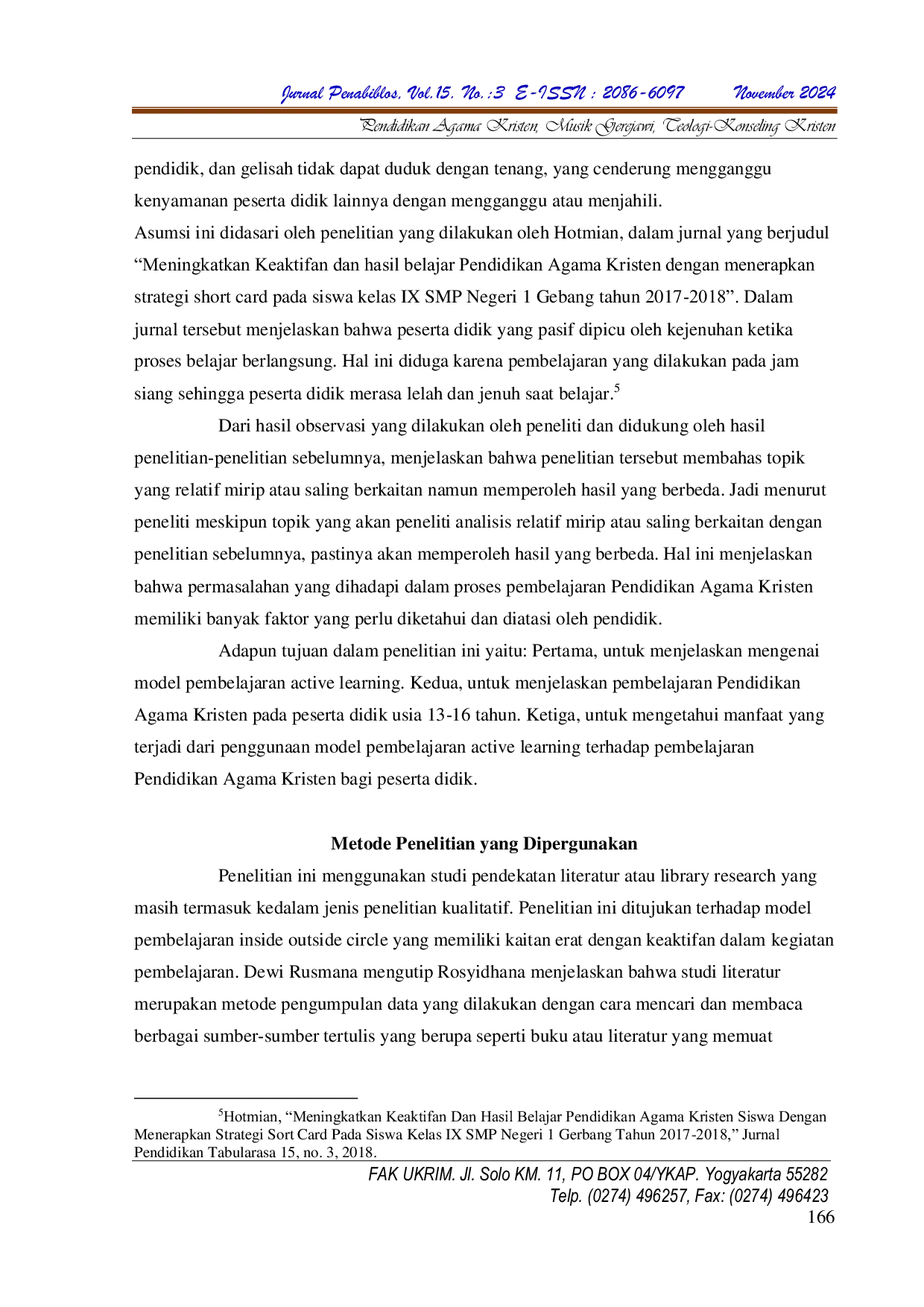 JURIS Analisis Model Pembelajaran Active Learning dan Implikasinya dalam Pembelajaran PAK untuk Peserta Didik Usia 13 16 Tahun