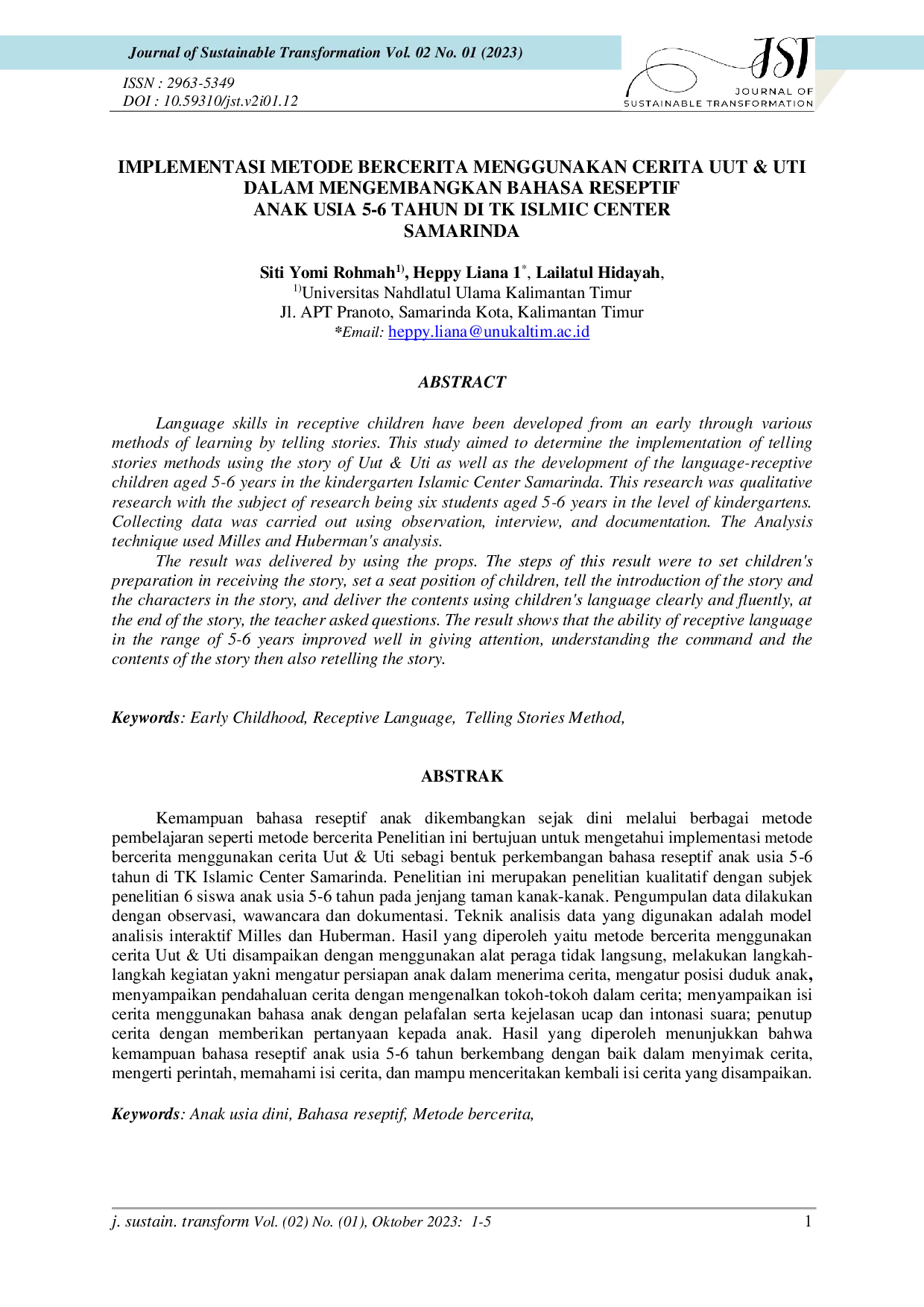 JURIS Implementasi Metode Bercerita Menggunakan Cerita Uut Uti dalam Mengembangkan Bahasa Receptif Anak Usia 5 6 Tahun di TK Islamic Center Samarinda