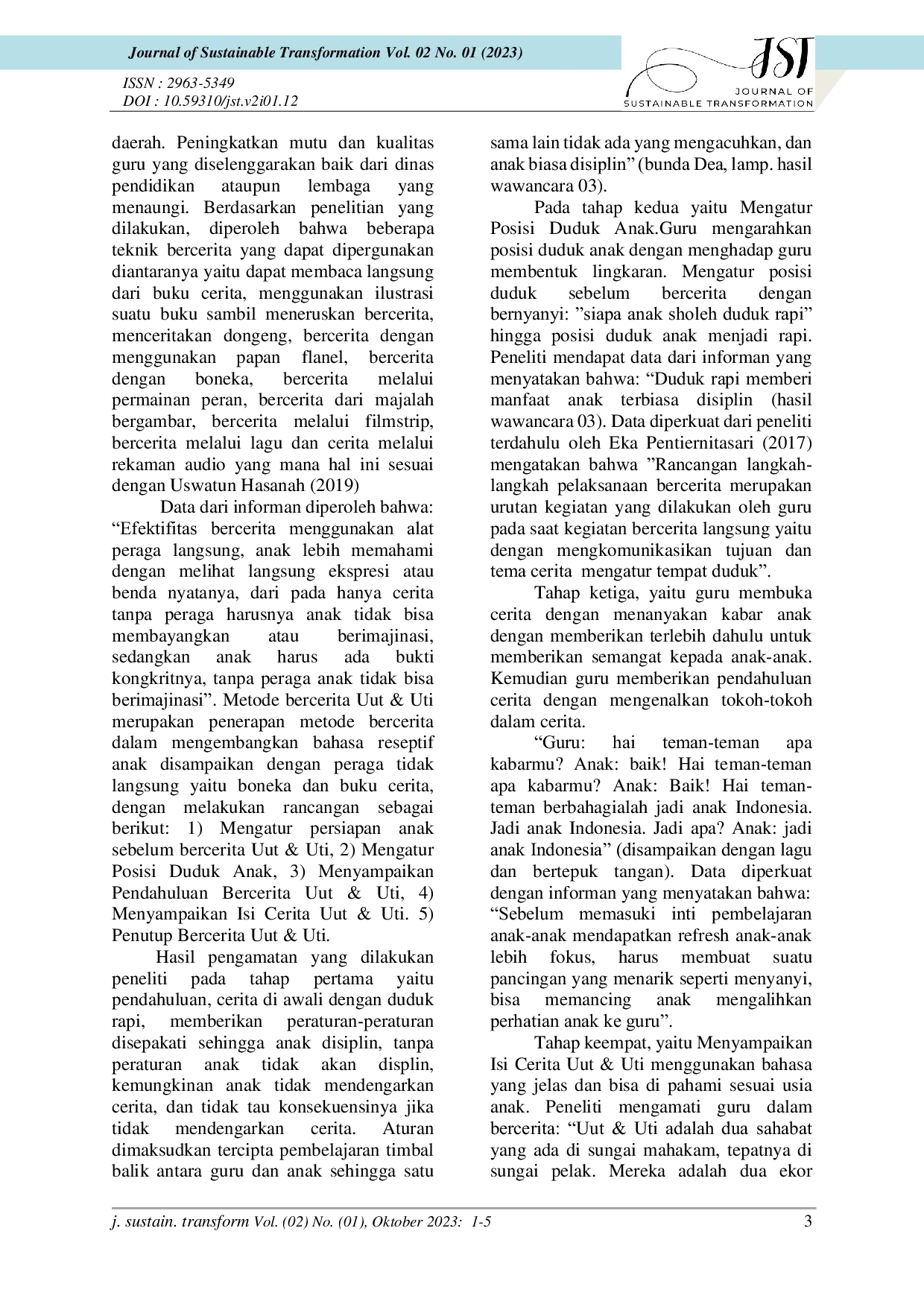 JURIS Implementasi Metode Bercerita Menggunakan Cerita Uut Uti dalam Mengembangkan Bahasa Receptif Anak Usia 5 6 Tahun di TK Islamic Center Samarinda