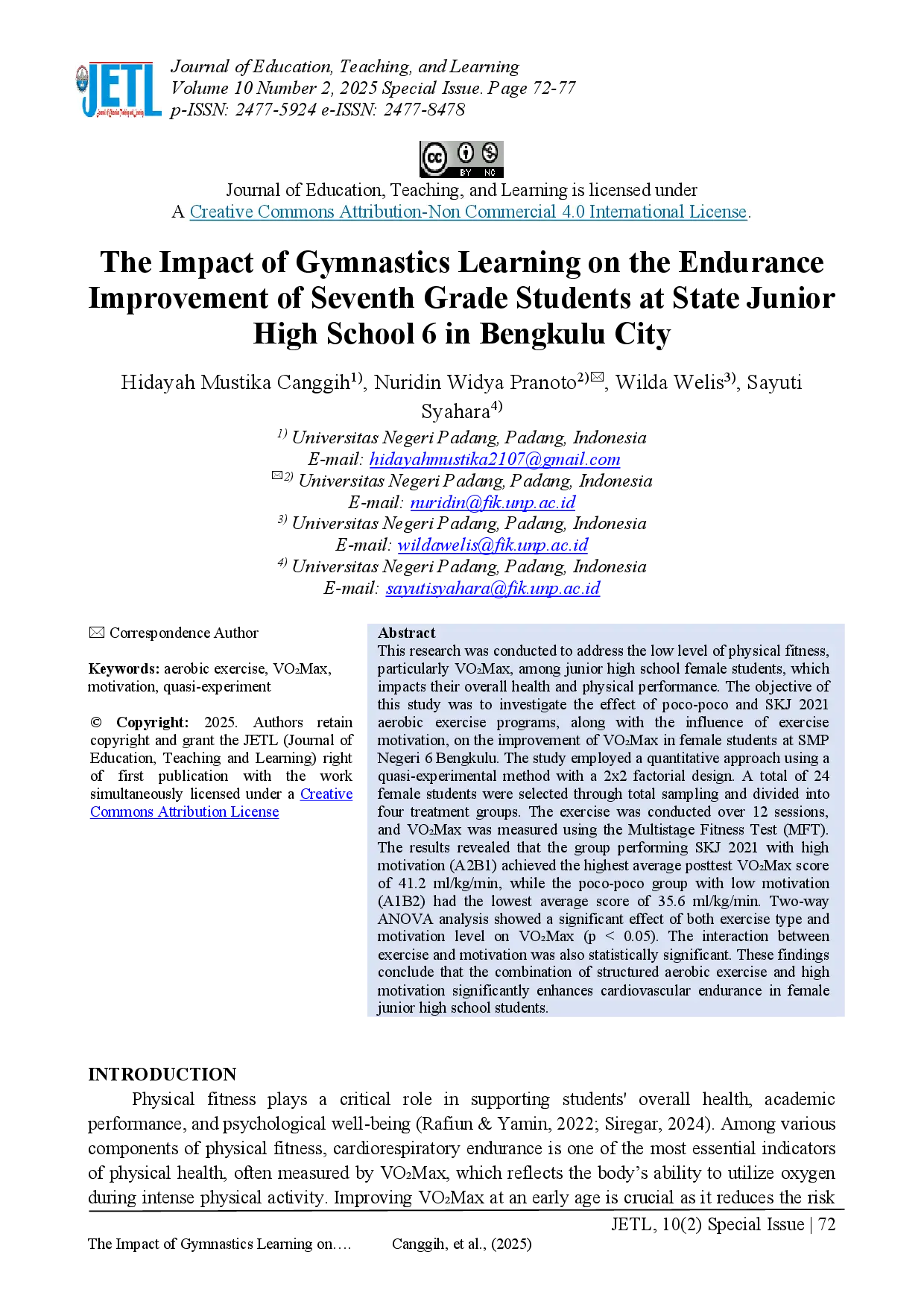 juris The Impact of Gymnastics Learning on the Endurance Improvement of Seventh Grade Students at State Junior High School 6 in Bengkulu City
