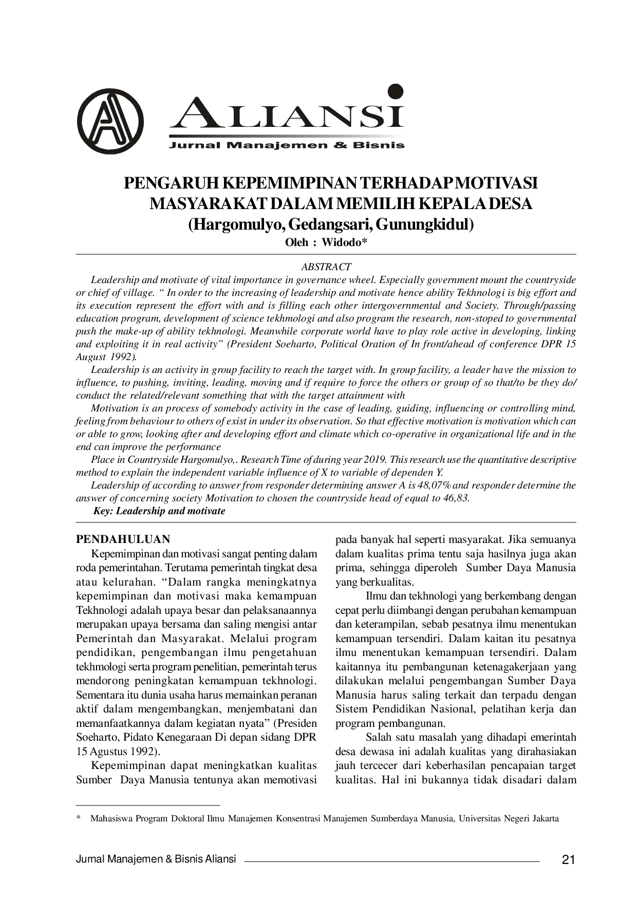 JURIS PENGARUH KEPEMIMPINAN TERHADAP MOTIVASI MASYARAKAT DALAM MEMILIH KEPALA DESA Hargomulyo Gedangsari Gunungkidul