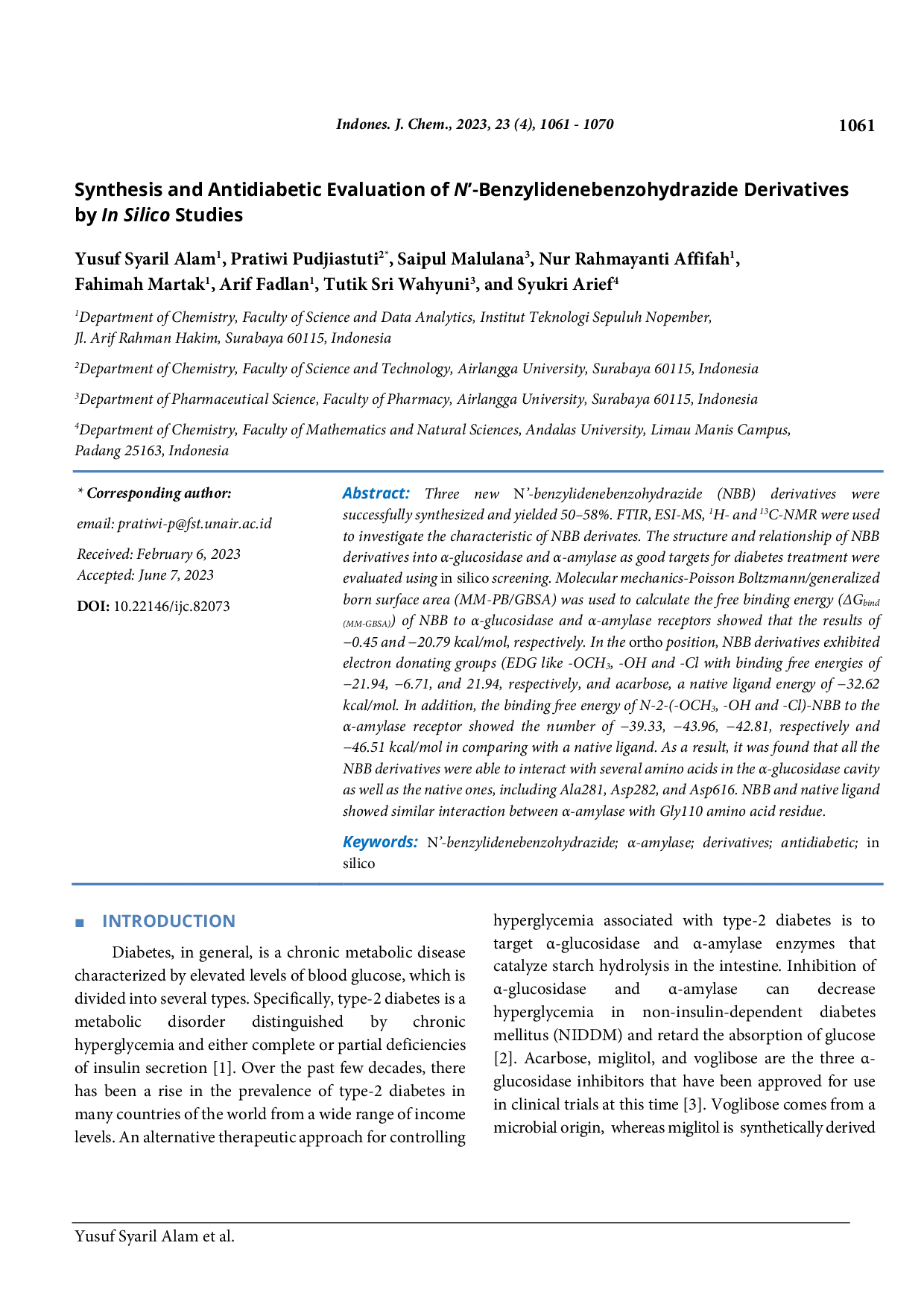 JURIS Synthesis and Antidiabetic Evaluation of N Benzylidenebenzohydrazide Derivatives by In Silico Studies