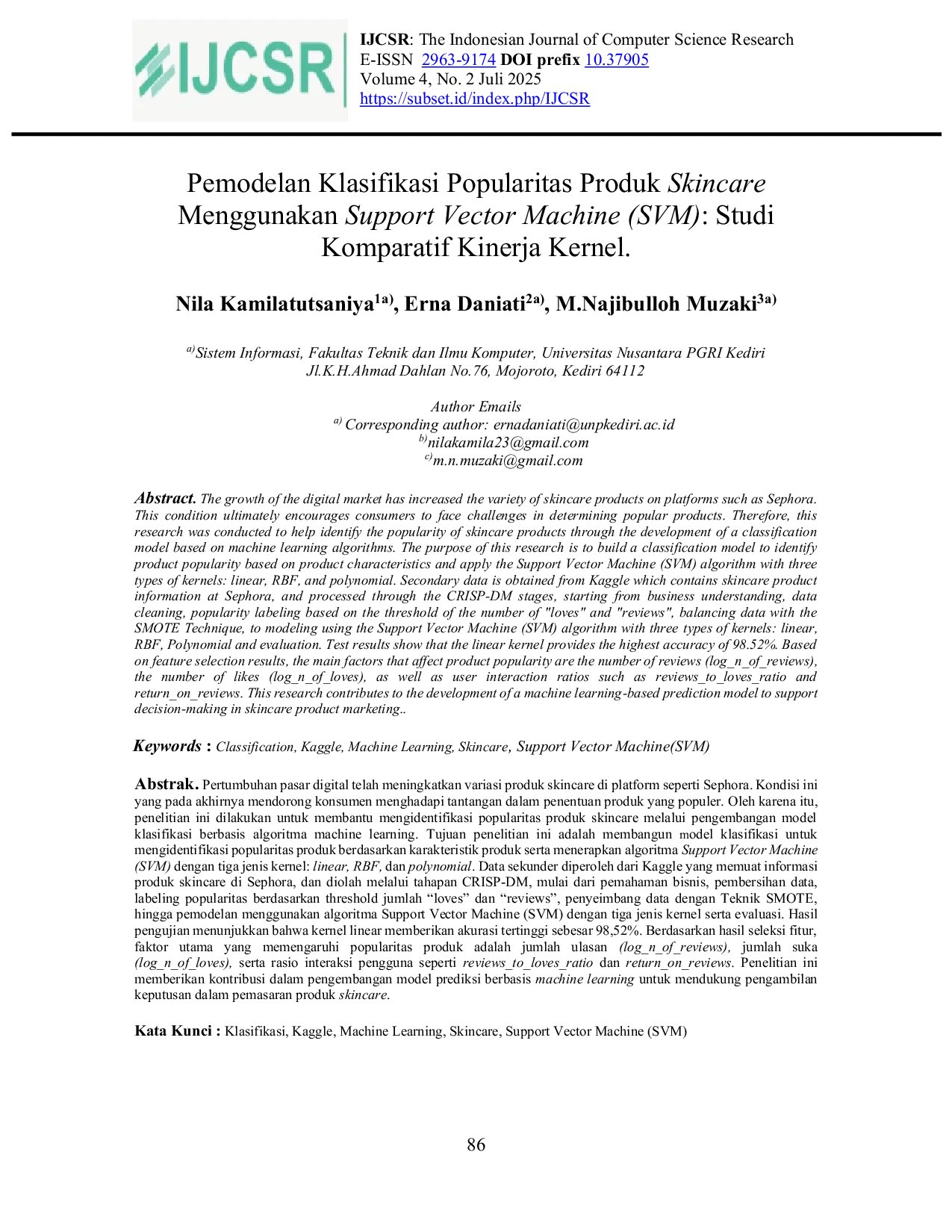JURIS Pemodelan Klasifikasi Popularitas Produk Skincare Menggunakan Support Vector Machine SVM Studi Komparatif Kinerja Kernel