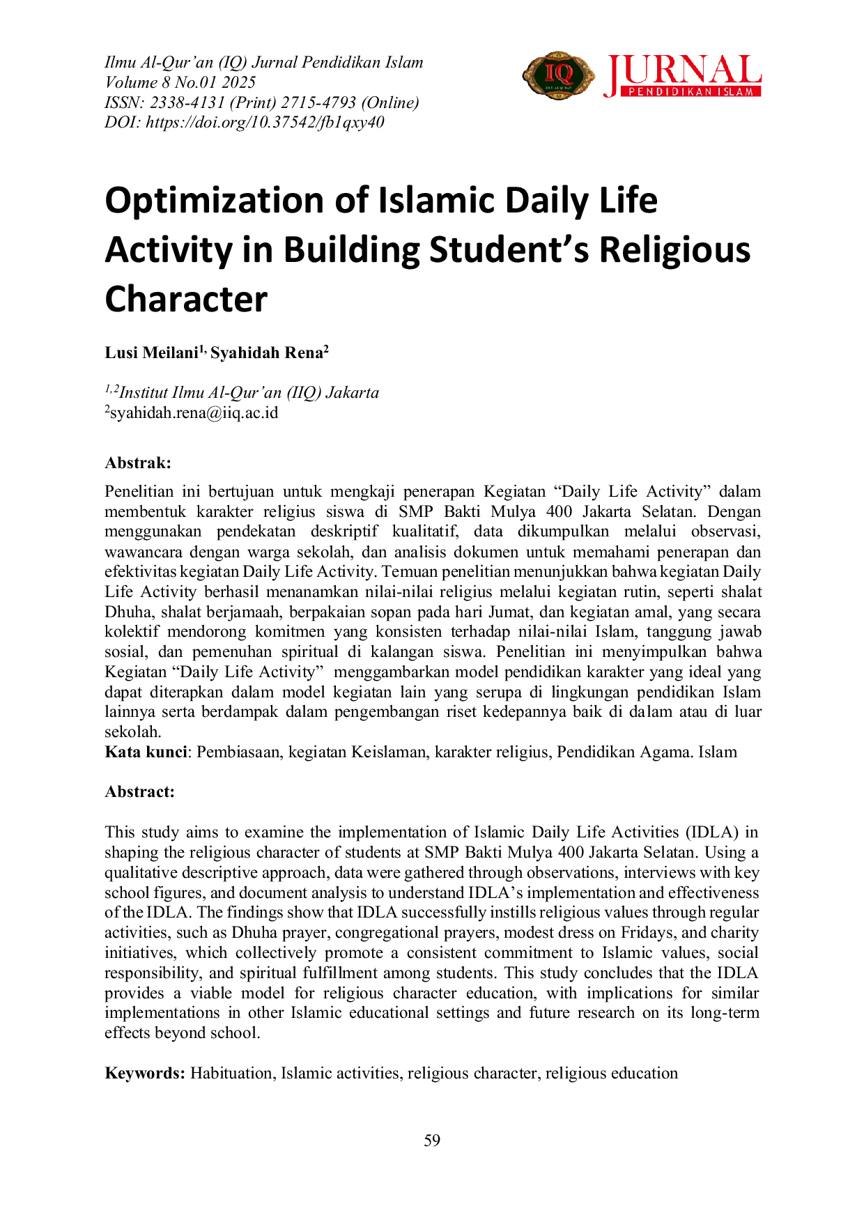 JURIS Optimization of Islamic Daily Life Activity in Building Student s Religious Character