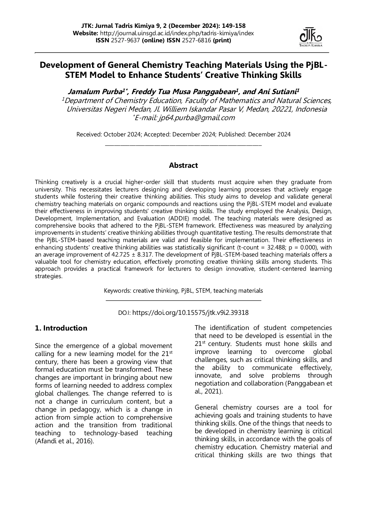 JURIS Development of General Chemistry Teaching Materials Using the PjBL STEM Model to Enhance Students Creative Thinking Skills