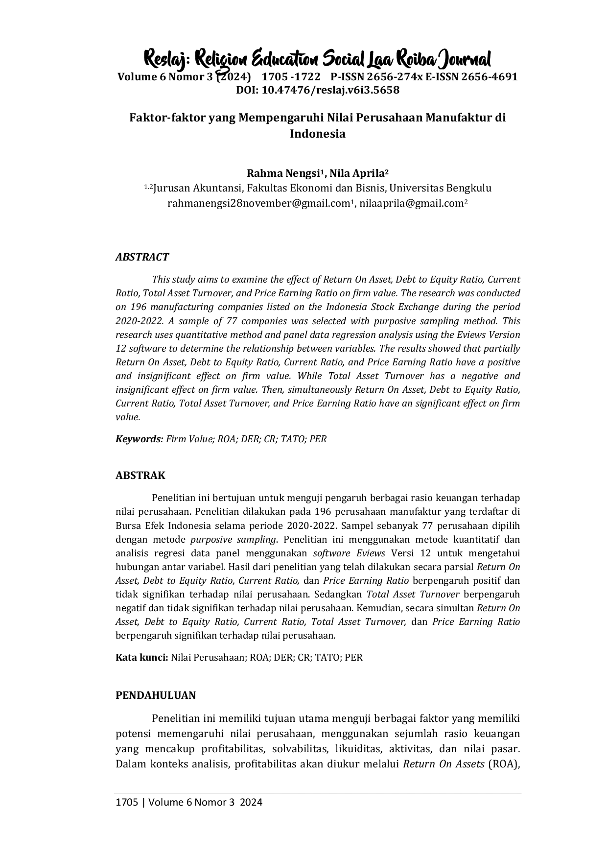 JURIS Faktor Faktor yang Mempengaruhi Nilai Perusahaan Manufaktur di Indonesia