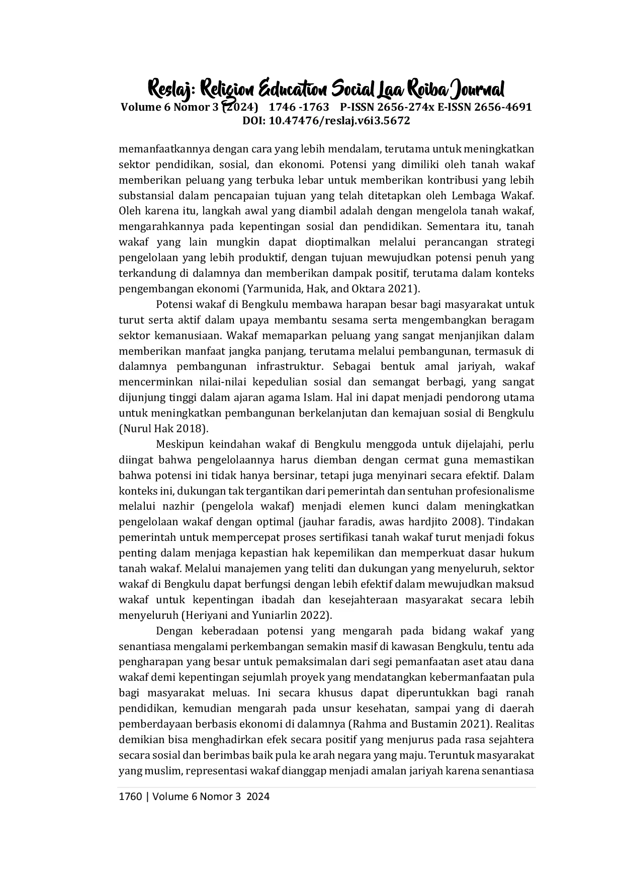 JURIS Pemanfaatan Wakaf Tanah untuk Pembangunan Infrastruktur di Bengkulu