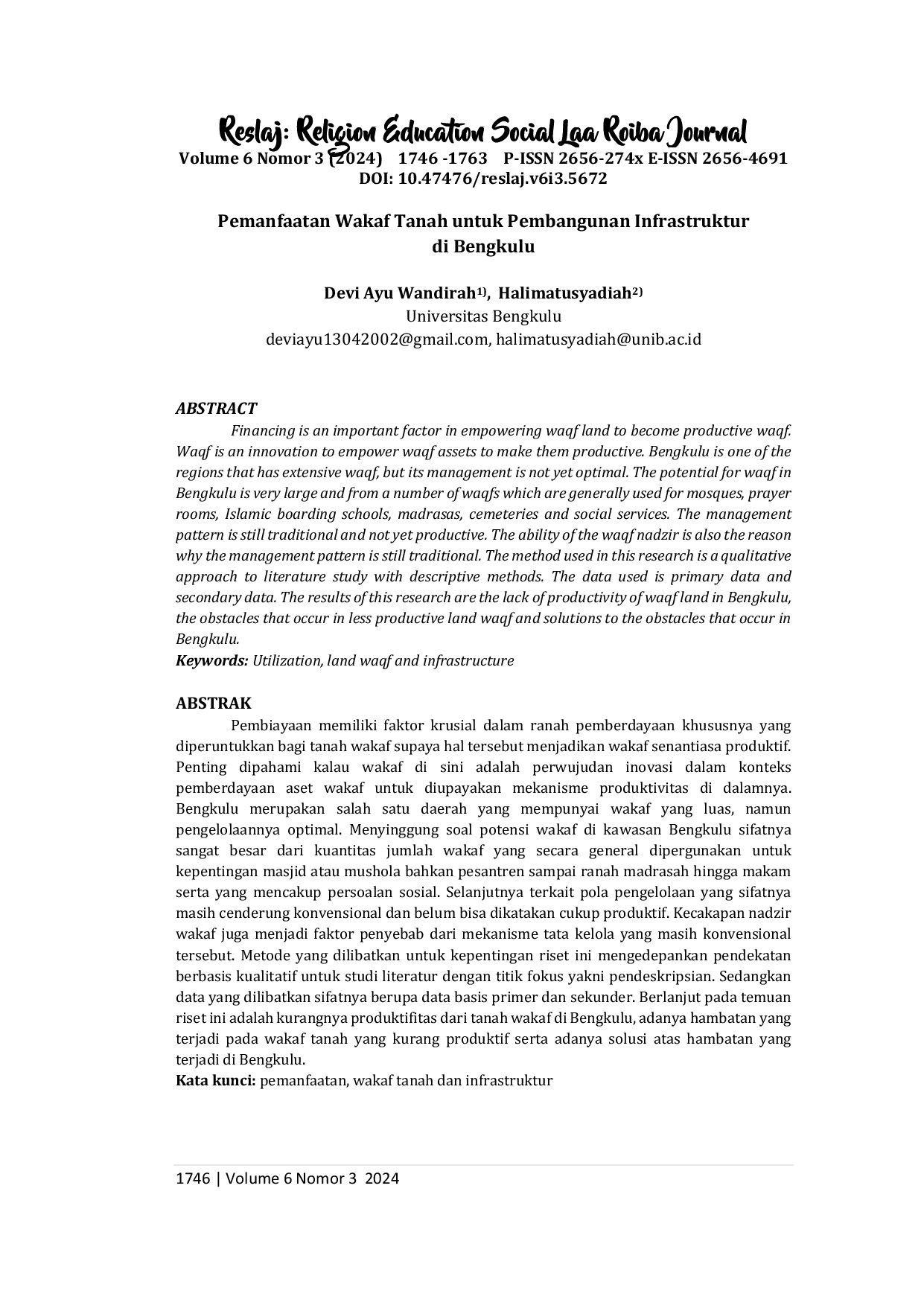 JURIS Pemanfaatan Wakaf Tanah untuk Pembangunan Infrastruktur di Bengkulu