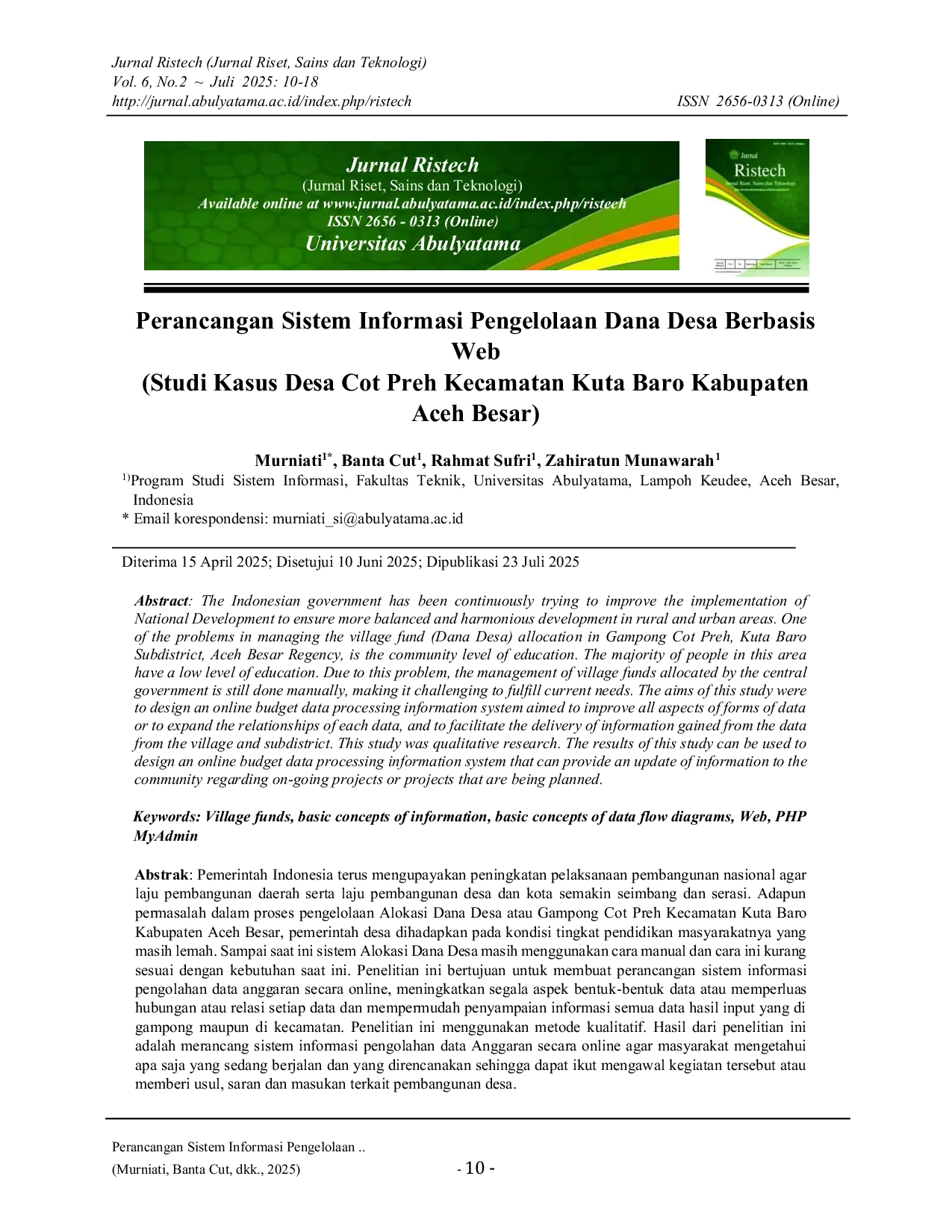 JURIS Perancangan Sistem Informasi Pengelolaan Dana Desa Berbasis Web Studi Kasus Desa Cot Preh Kecamatan Kuta Baro Kabupaten Aceh Besar