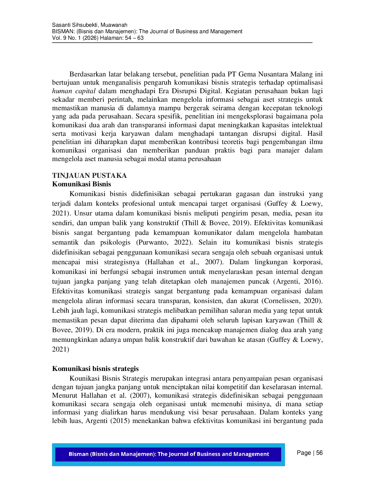JURIS Pengaruh Komunikasi Bisnis Strategis terhadap Optimalisasi Human Capital dalam Menghadapi Era Disrupsi Digital PT Gema Nusantara Malang