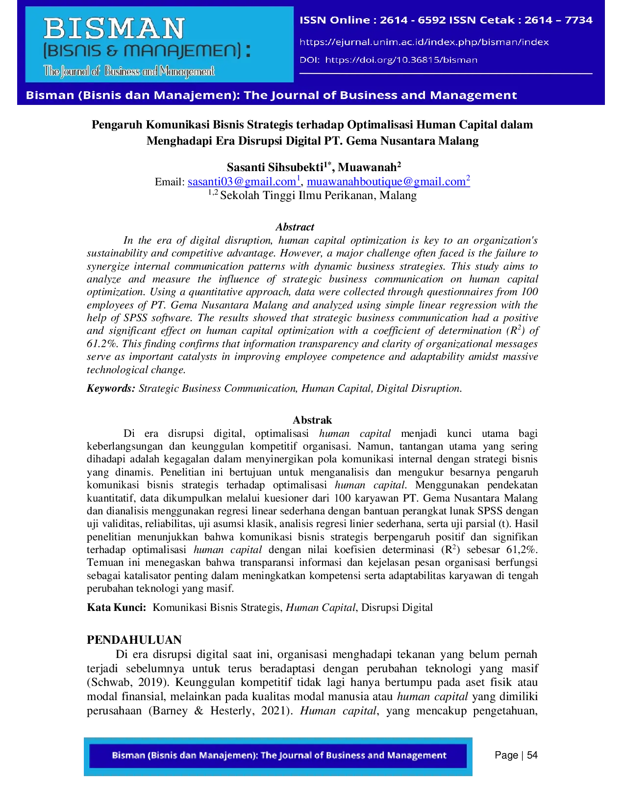 JURIS Pengaruh Komunikasi Bisnis Strategis terhadap Optimalisasi Human Capital dalam Menghadapi Era Disrupsi Digital PT Gema Nusantara Malang