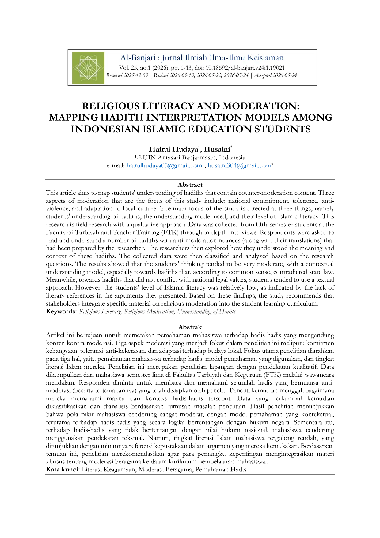 JURIS Religious Literacy and Moderation Mapping Hadith Interpretation Models among Indonesian Islamic Education Students