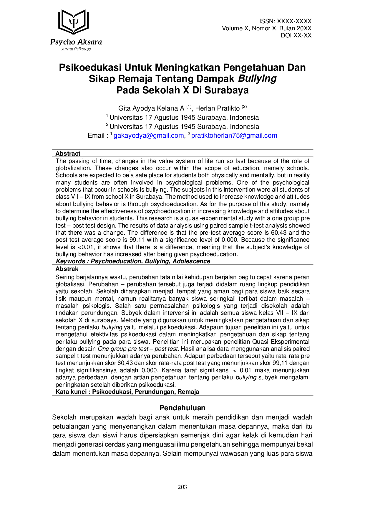 JURIS Psikoedukasi Untuk Meningkatkan Pengetahuan Dan Sikap Remaja Tentang Dampak Bullying Pada Sekolah X Di Surabaya