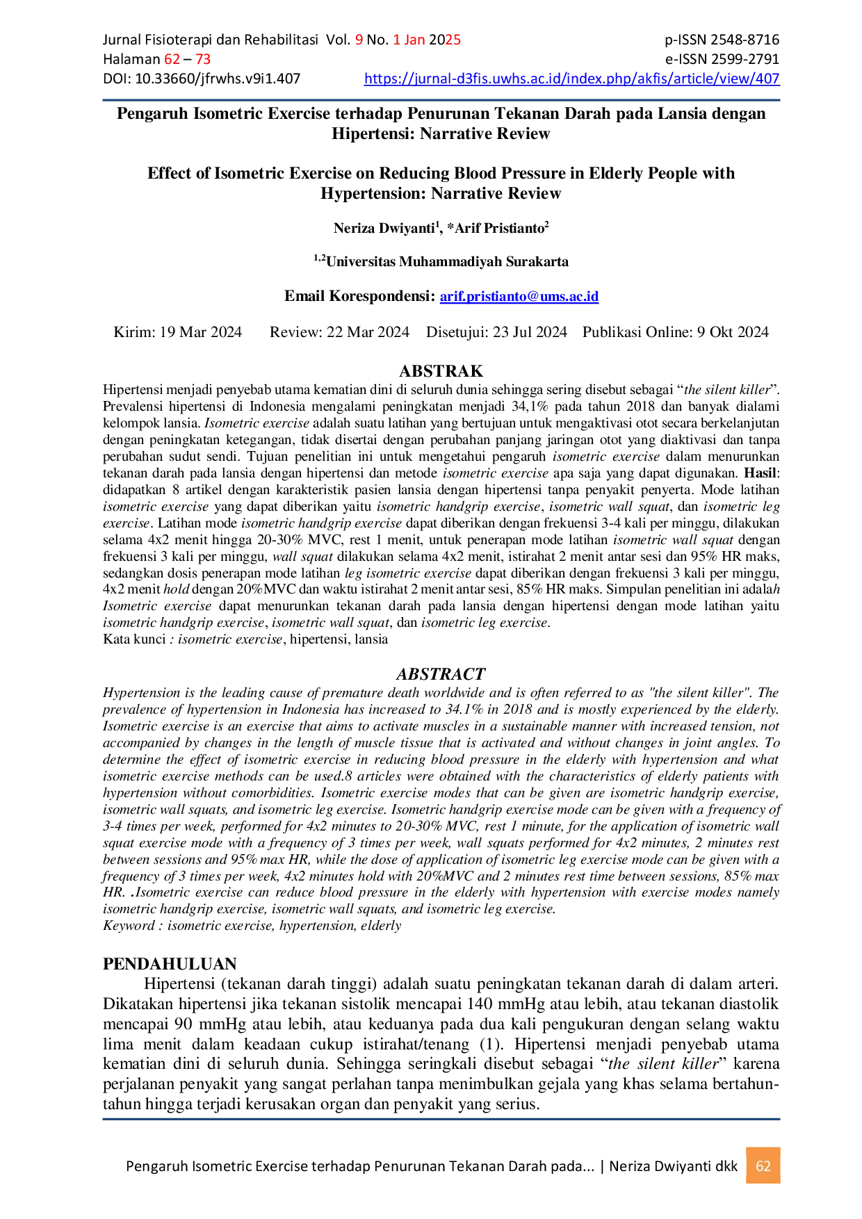 JURIS Pengaruh Isometric Exercise terhadap Penurunan Tekanan Darah pada Lansia dengan Hipertensi Narrative Review