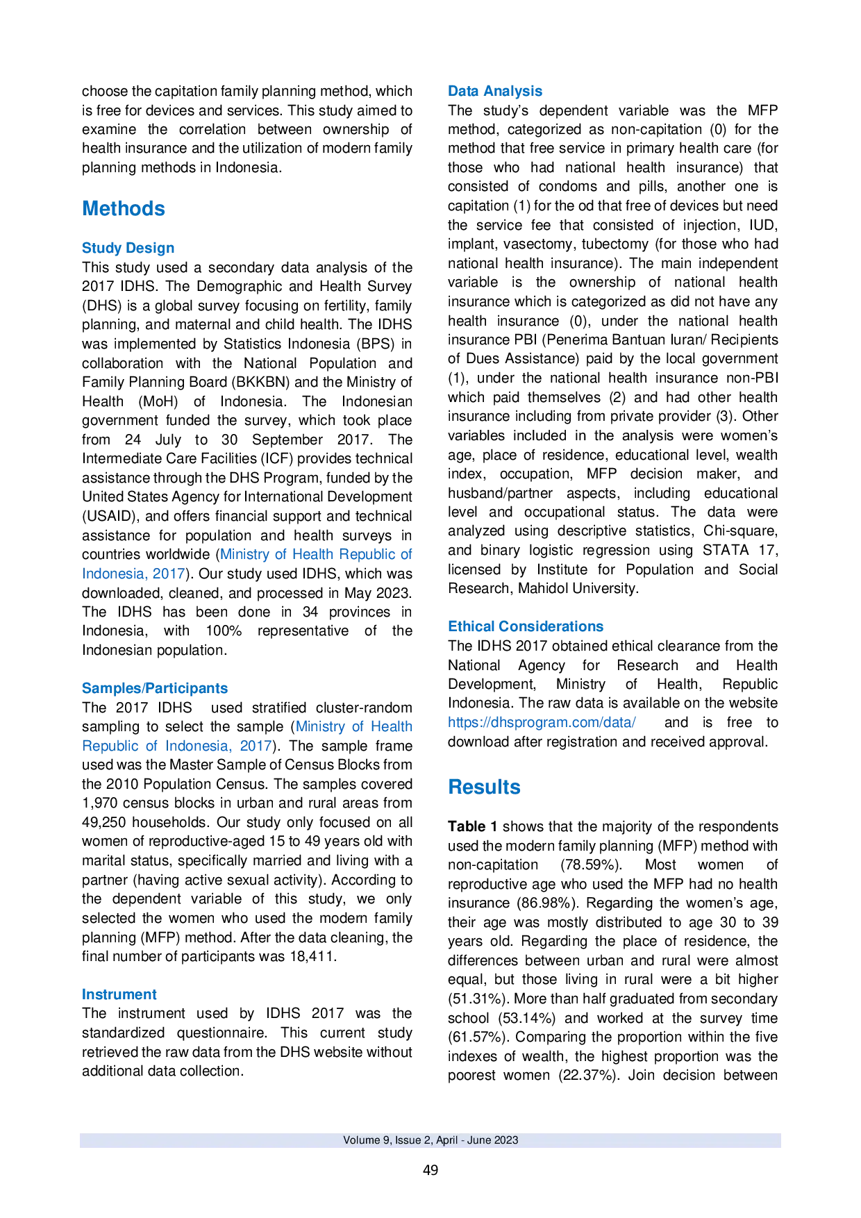 JURIS Factors Influencing The Utilization Of The Modern Family Planning MFP Method Under The National Health Insurance In Indonesia An Analysis Of The 2017 IDHS