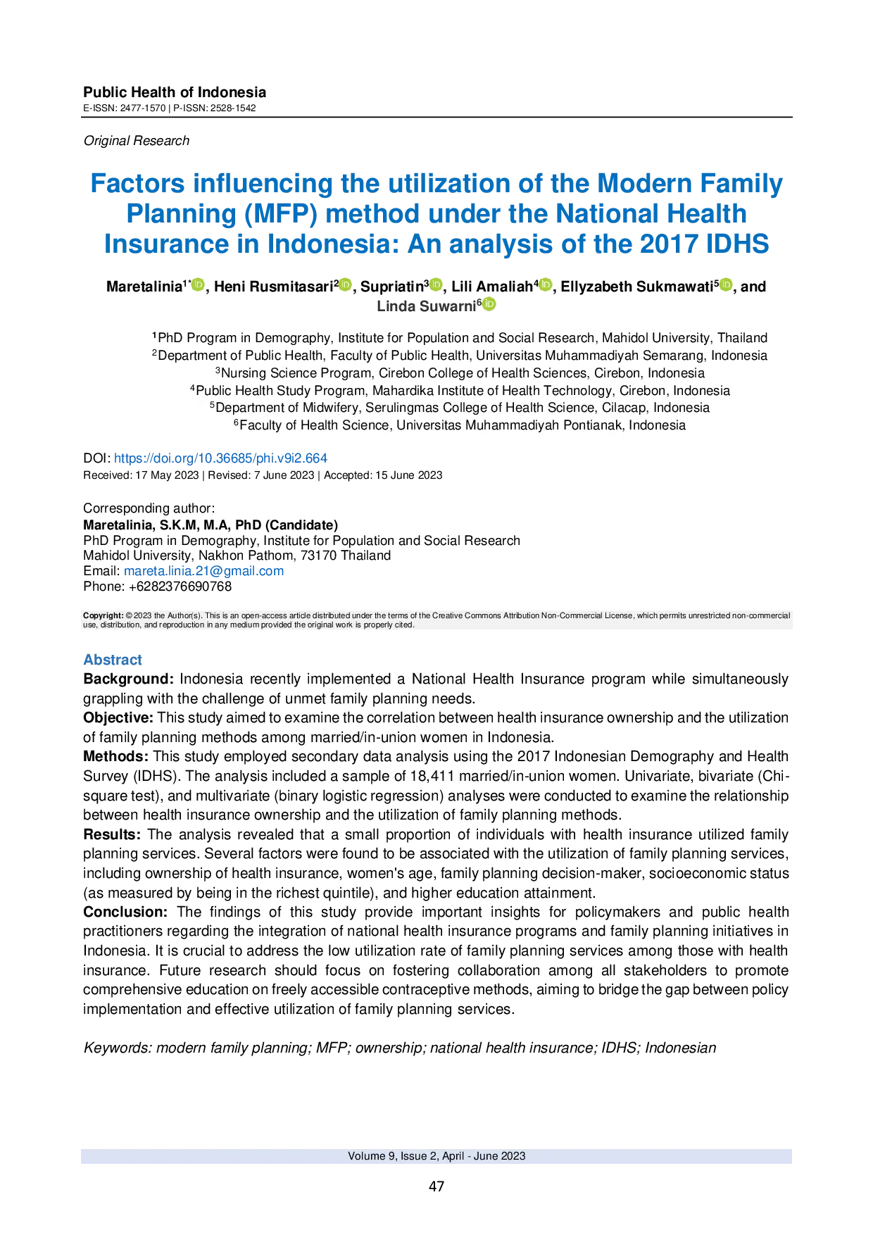 JURIS Factors Influencing The Utilization Of The Modern Family Planning MFP Method Under The National Health Insurance In Indonesia An Analysis Of The 2017 IDHS