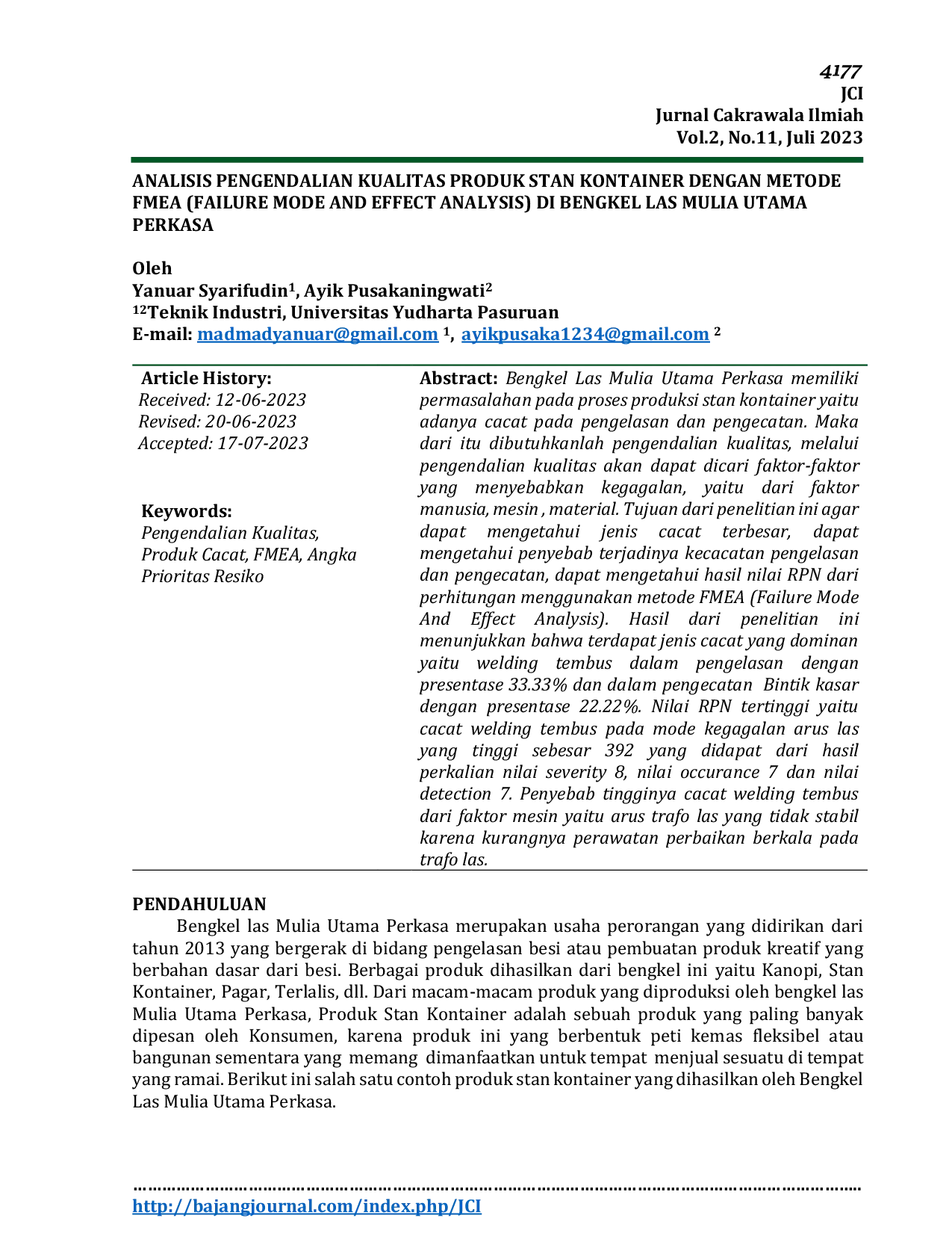 JURIS Analisis Pengendalian Kualitas Produk Stan Kontainer Dengan Metode FMEA Failure Mode And Effect Analysis Di Bengkel Las Mulia Utama Perkasa