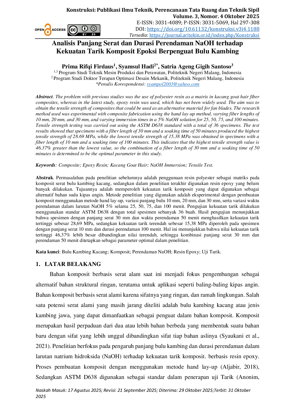 JURIS Analisis Panjang Serat dan Durasi Perendaman NaOH terhadap Kekuatan Tarik Komposit Epoksi Berpenguat Bulu Kambing