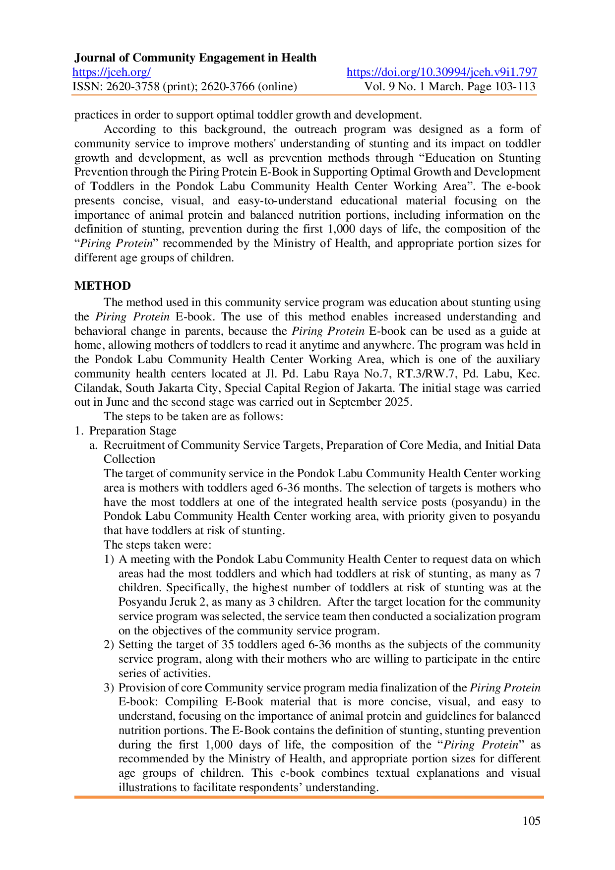 JURIS Education on Stunting Prevention through the Piring Protein E Book in Supporting Optimal Growth and Development of Toddlers in the Pondok Labu Community Health Center Working Area