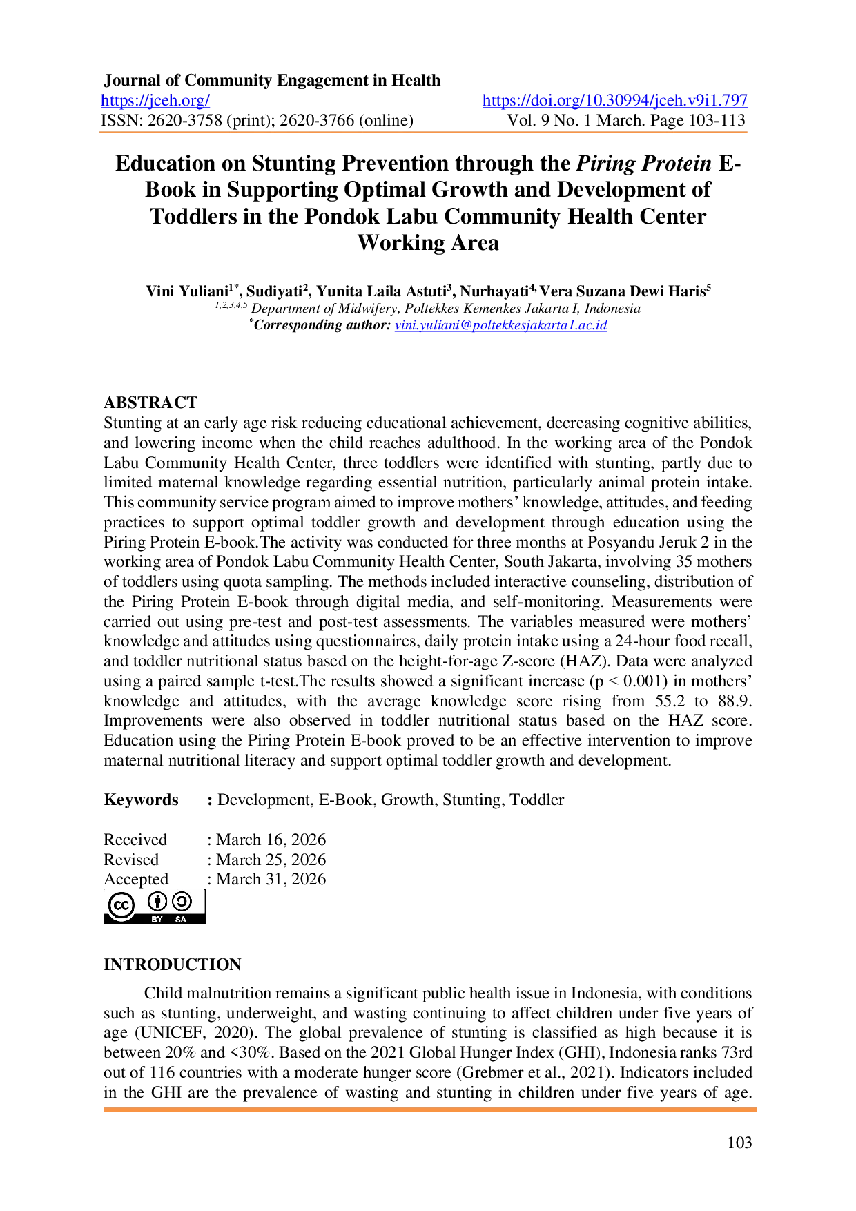 JURIS Education on Stunting Prevention through the Piring Protein E Book in Supporting Optimal Growth and Development of Toddlers in the Pondok Labu Community Health Center Working Area