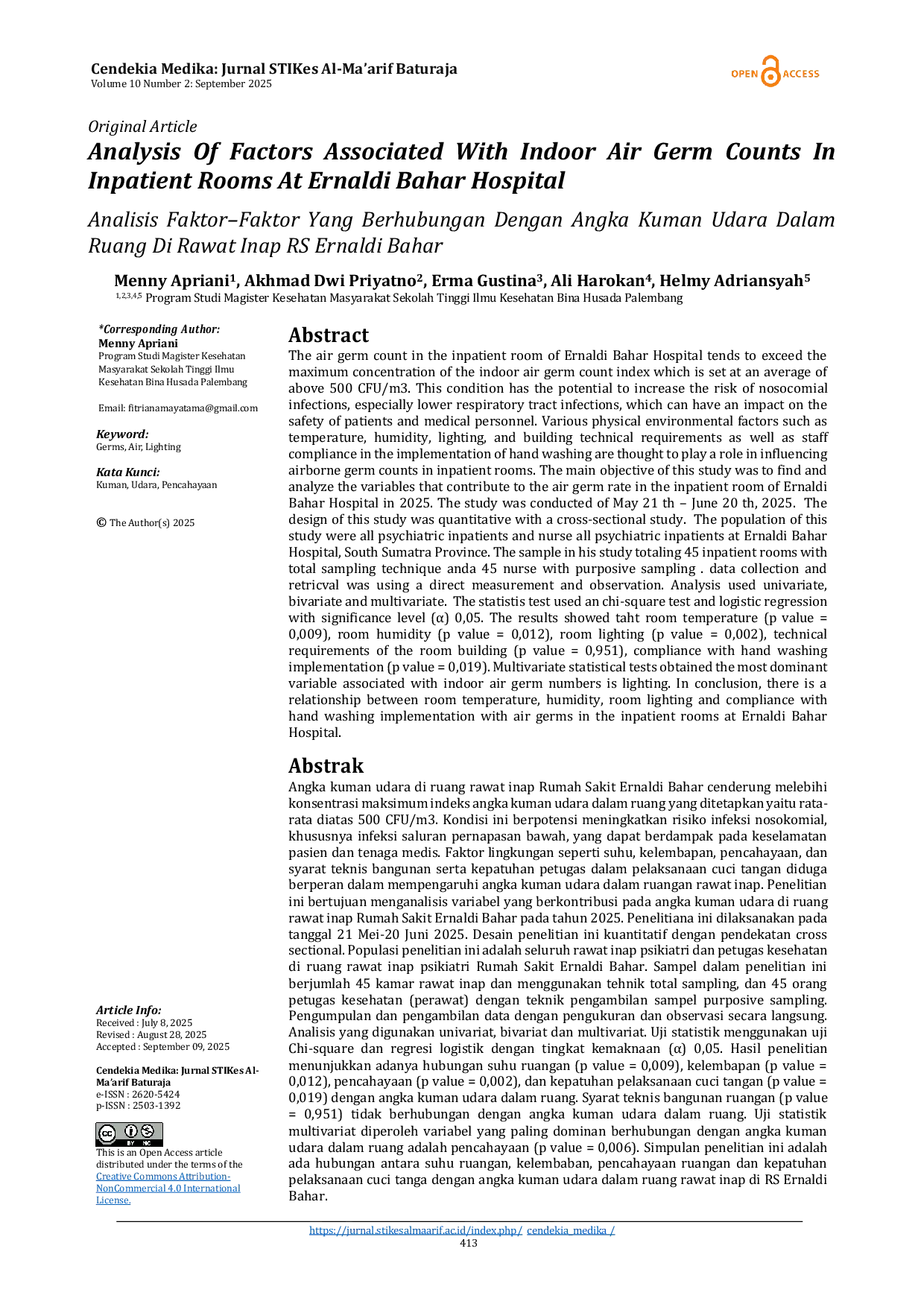 JURIS Analysis of Factors Associated with Indoor Air Germ Counts in Inpatient Rooms at Ernaldi Bahar Hospital