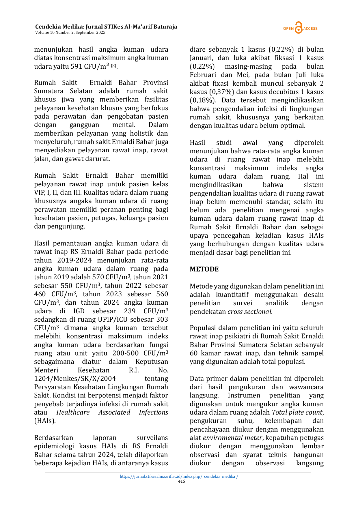 JURIS Analysis of Factors Associated with Indoor Air Germ Counts in Inpatient Rooms at Ernaldi Bahar Hospital