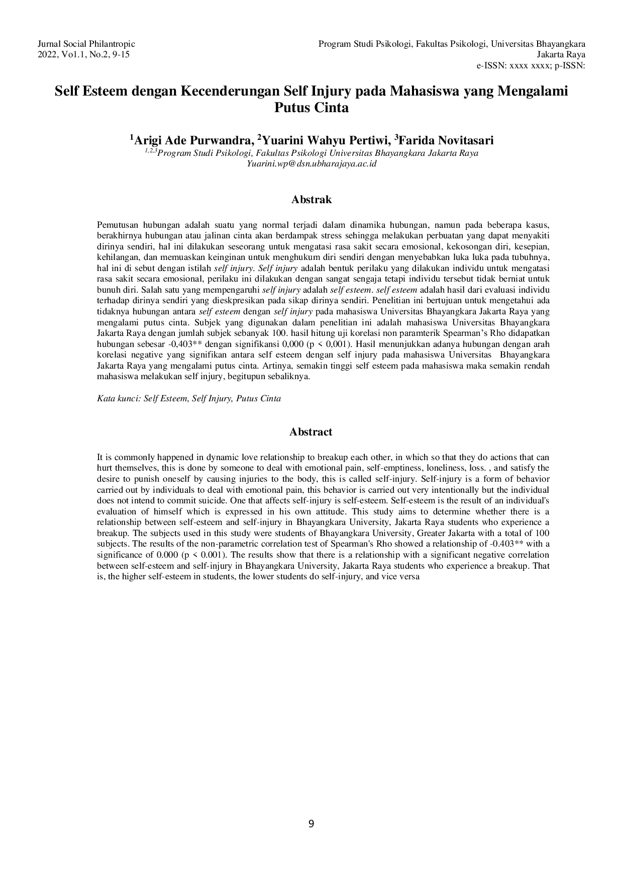 JURIS Self Esteem dengan Kecenderungan Self Injury pada Mahasiswa yang Mengalami Putus Cinta Arigi Ade Purwandra Yuarini Wahyu Pertiwi Farida Novitasari