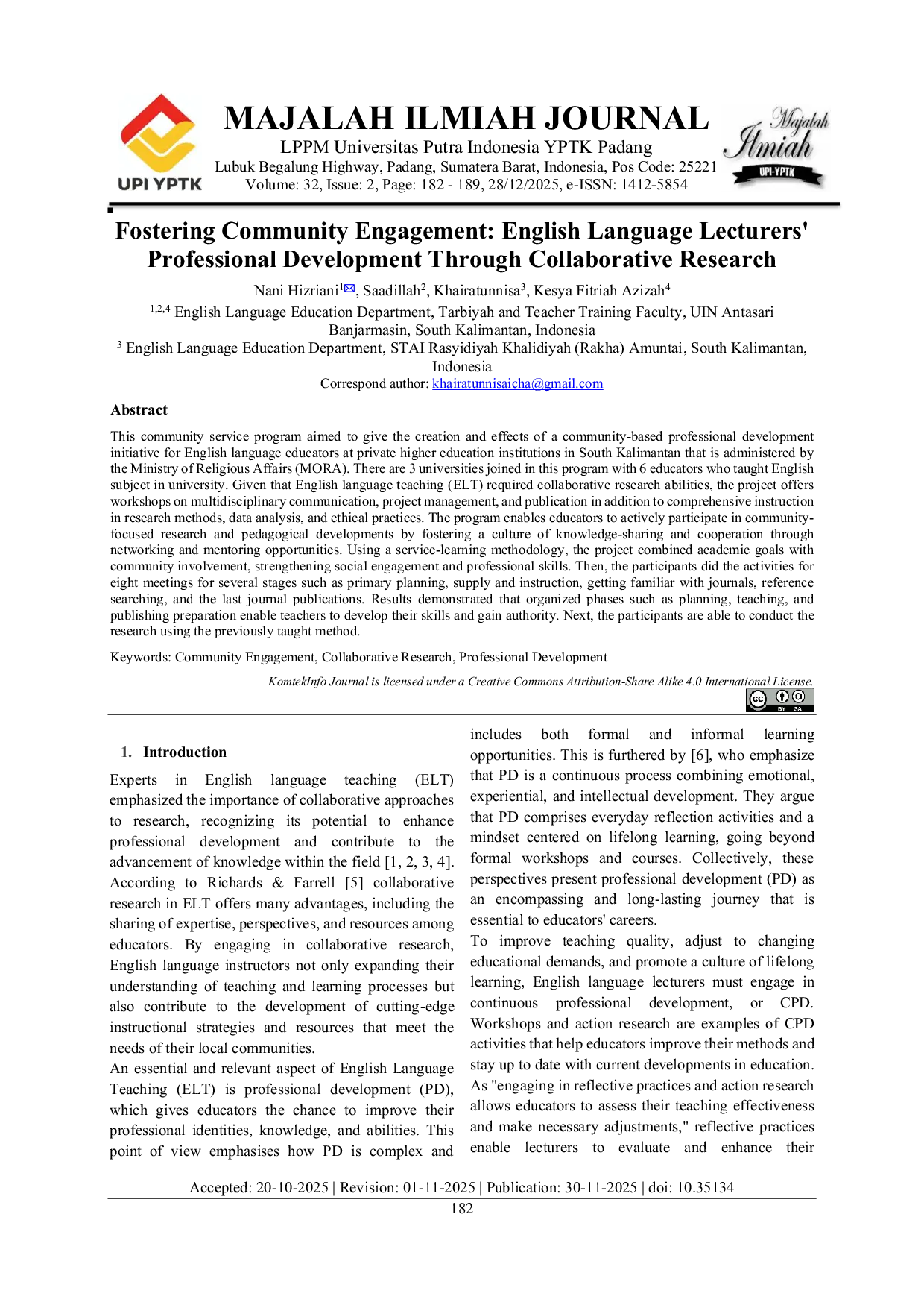 JURIS Fostering Community Engagement English Language Lecturers Professional Development Through Collaborative Research
